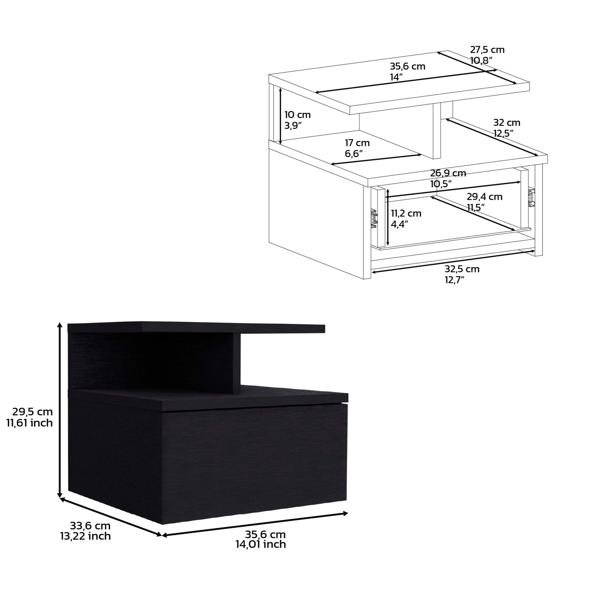 Floating Nightstand 12"H, Wall Mounted with Single Drawer and 2-Tier Shelf, Black - Abrihome
