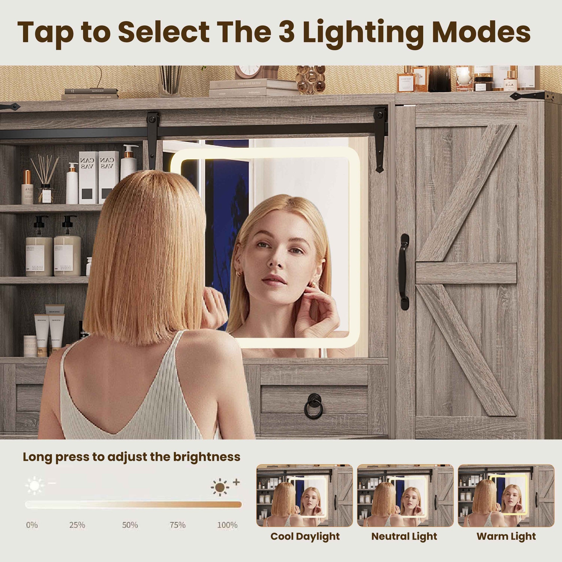 Farmhouse Vanity Desk with Sliding Mirror and Lights, Vanity Set with Glass Top and Charging Station ,Dressing Table with 4 Drawers and 2 Cabinets, Dressing Table with Stool for Bedroom, Gray