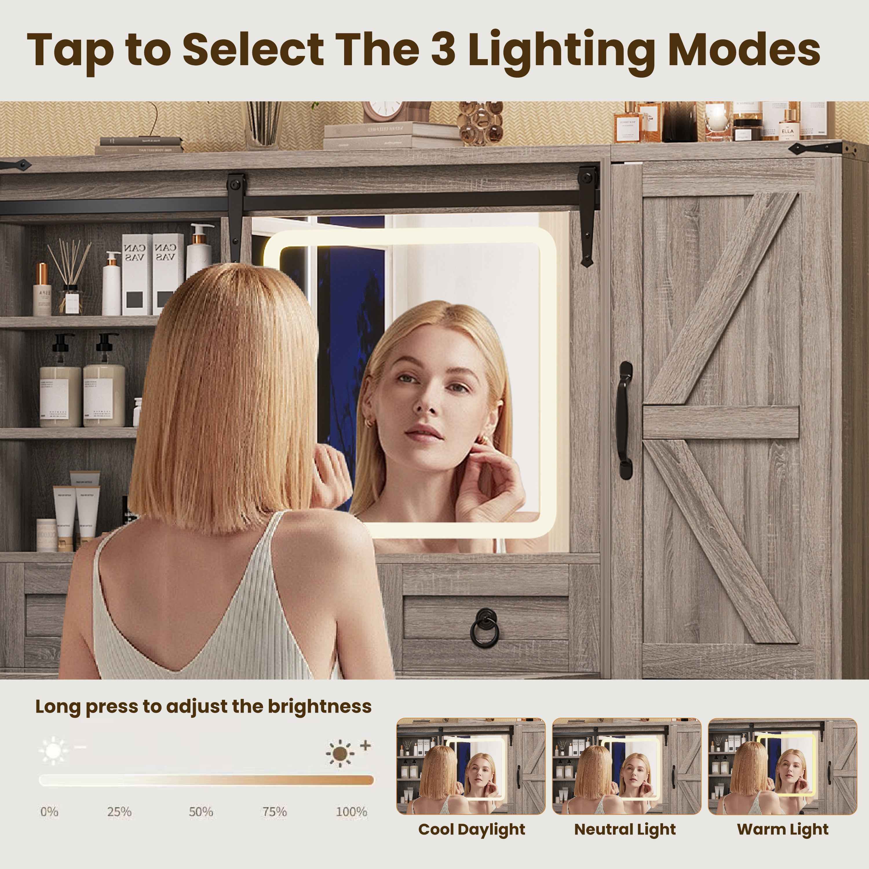 Farmhouse Vanity Desk with Sliding Mirror and Lights, Vanity Set with Glass Top and Charging Station ,Dressing Table with 4 Drawers and 2 Cabinets, Dressing Table with Stool for Bedroom, Gray