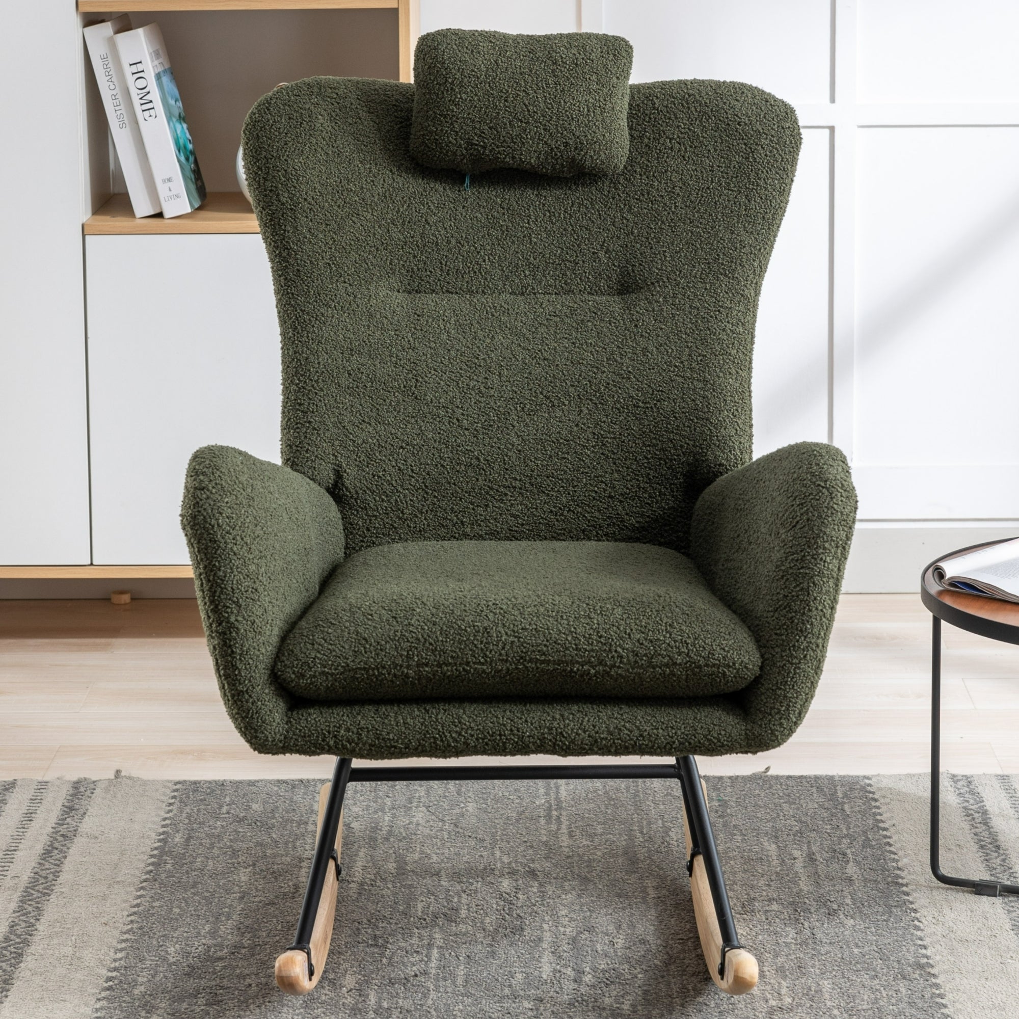 35.5 inch Rocking Chair with Pocket, Soft Teddy Fabric Rocking Chair for Nursery, Comfy Wingback Glider Rocker with Safe Solid Wood Base for Living Room Bedroom Balcony (dark green)