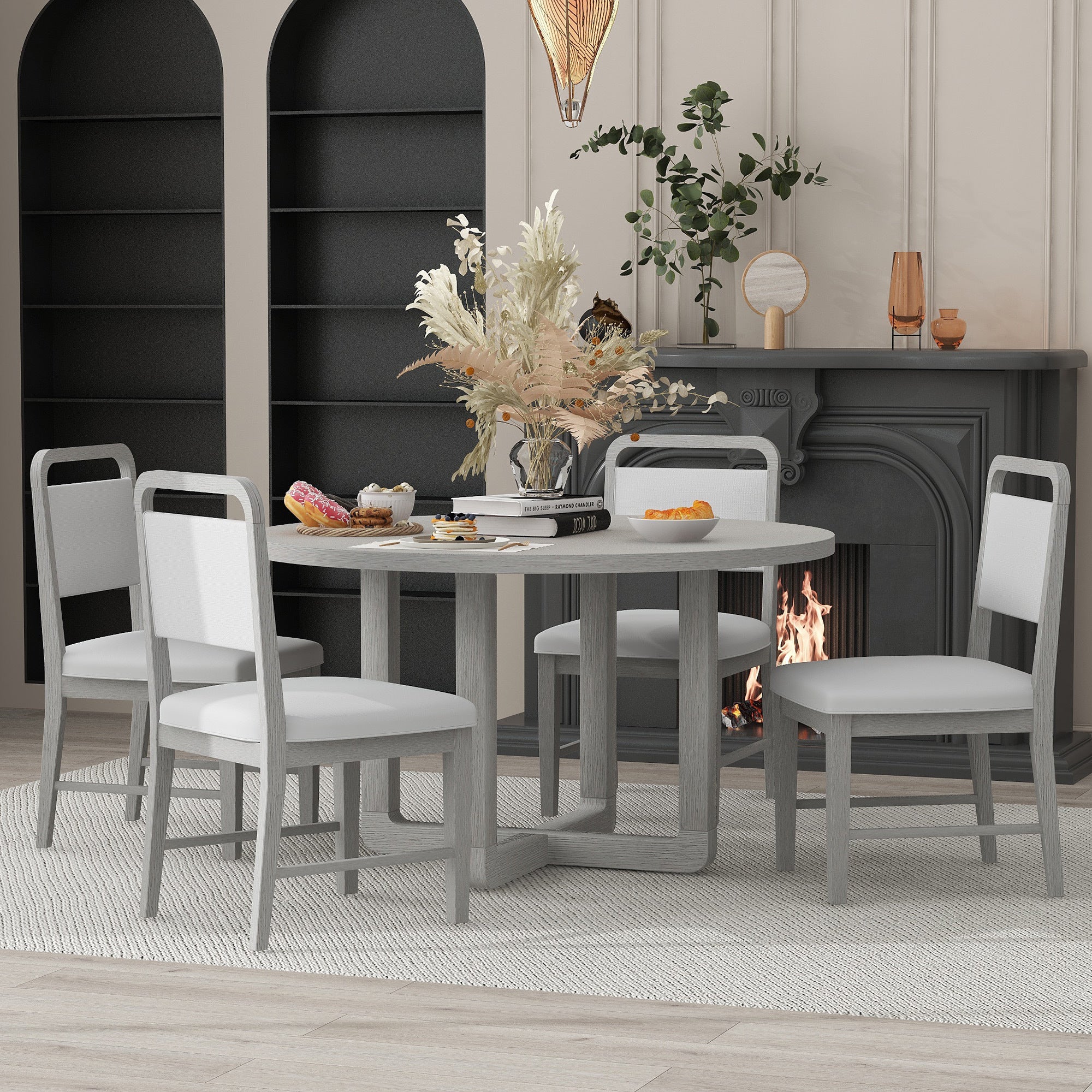 TREXM 5-Piece Retro Dining Set, Round Table Top with Radial Wood Grain Design and 4 Upholstered Chairs for Dining Room and Kitchen (Antique Gray)