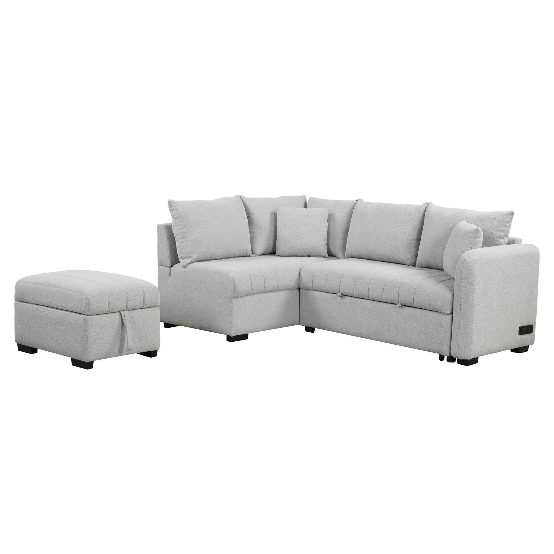 Modern L-shaped Sectional Pull Out Sofa Bed with USB Ports & Storage Ottoman, Gray Jacquard Fabric, 82.6'