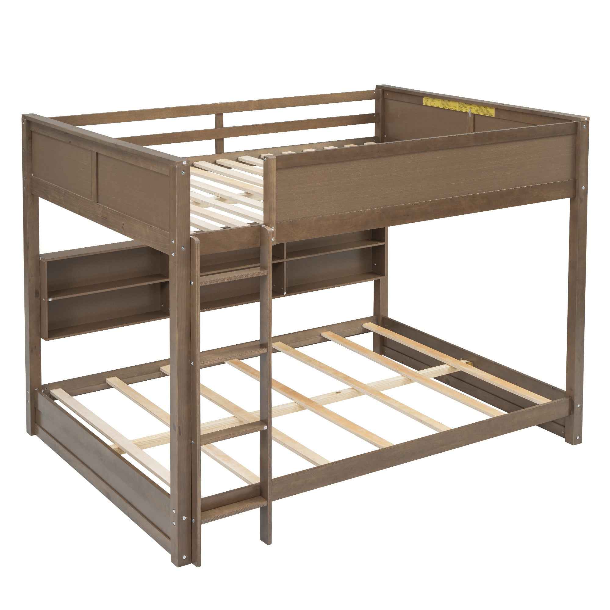 Queen over Queen Bunk Bed with Storage Cabinets and USB Ports in Antique Wood Color, Solid Pine Wood+MDF