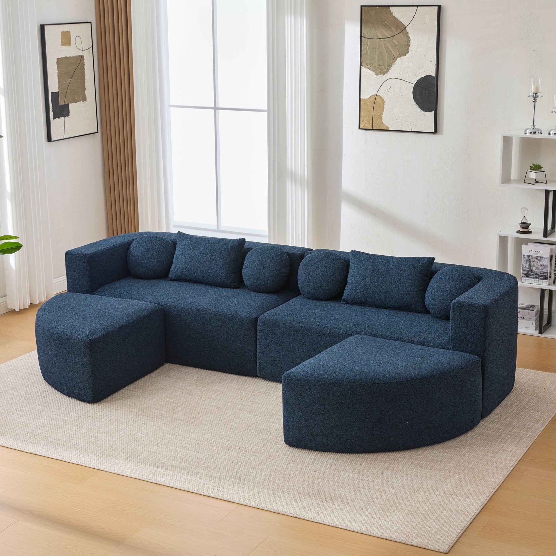Boneless Couch Modular Sectional Sofa with Deep Seating and Curved Design in Blue Boucle, 114.9 Inches