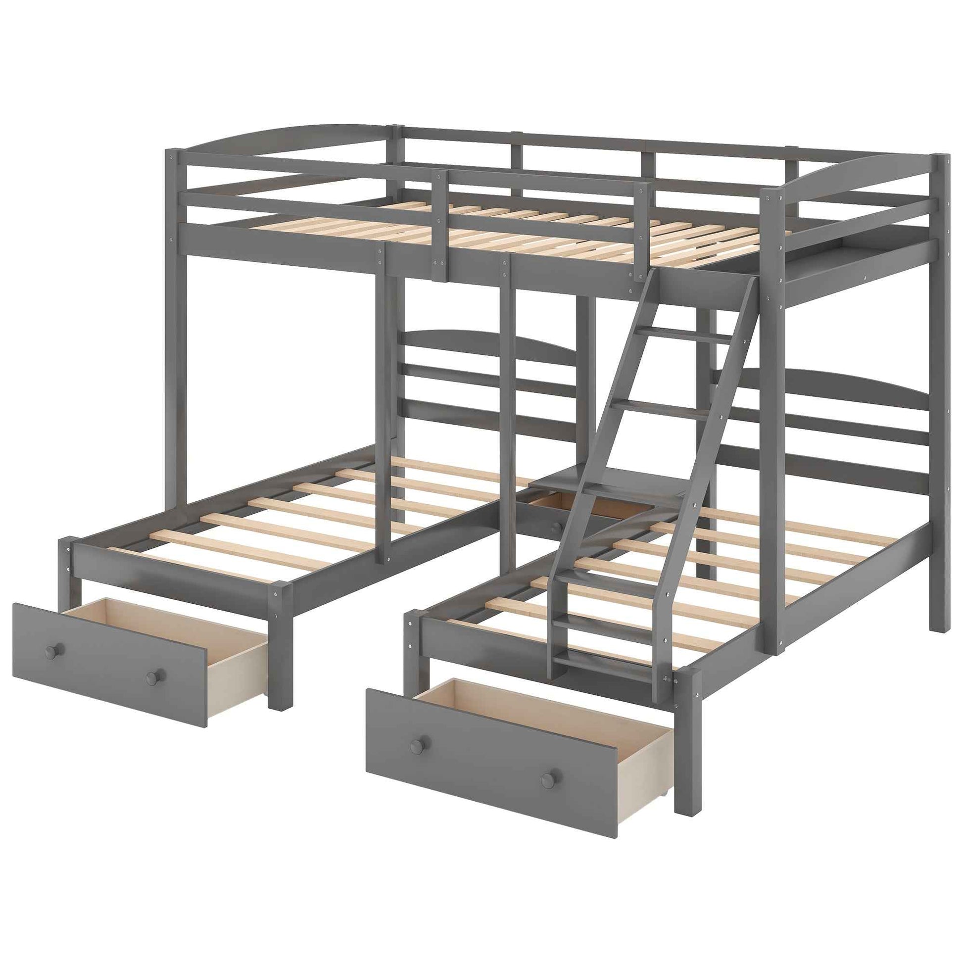 Full over Twin & Twin, Triple Bunk Bed with Drawers, Grey