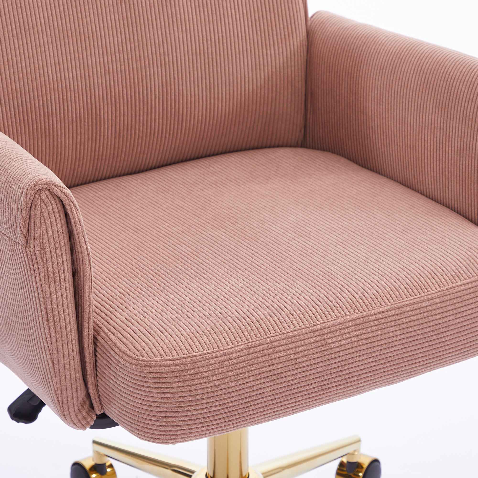 Ergonomic Mid-back Office Chair with Striped Velvet Fabric, Light Pink, Gold Metal Base, 25.2 x 24.0 x 41.9 Inches