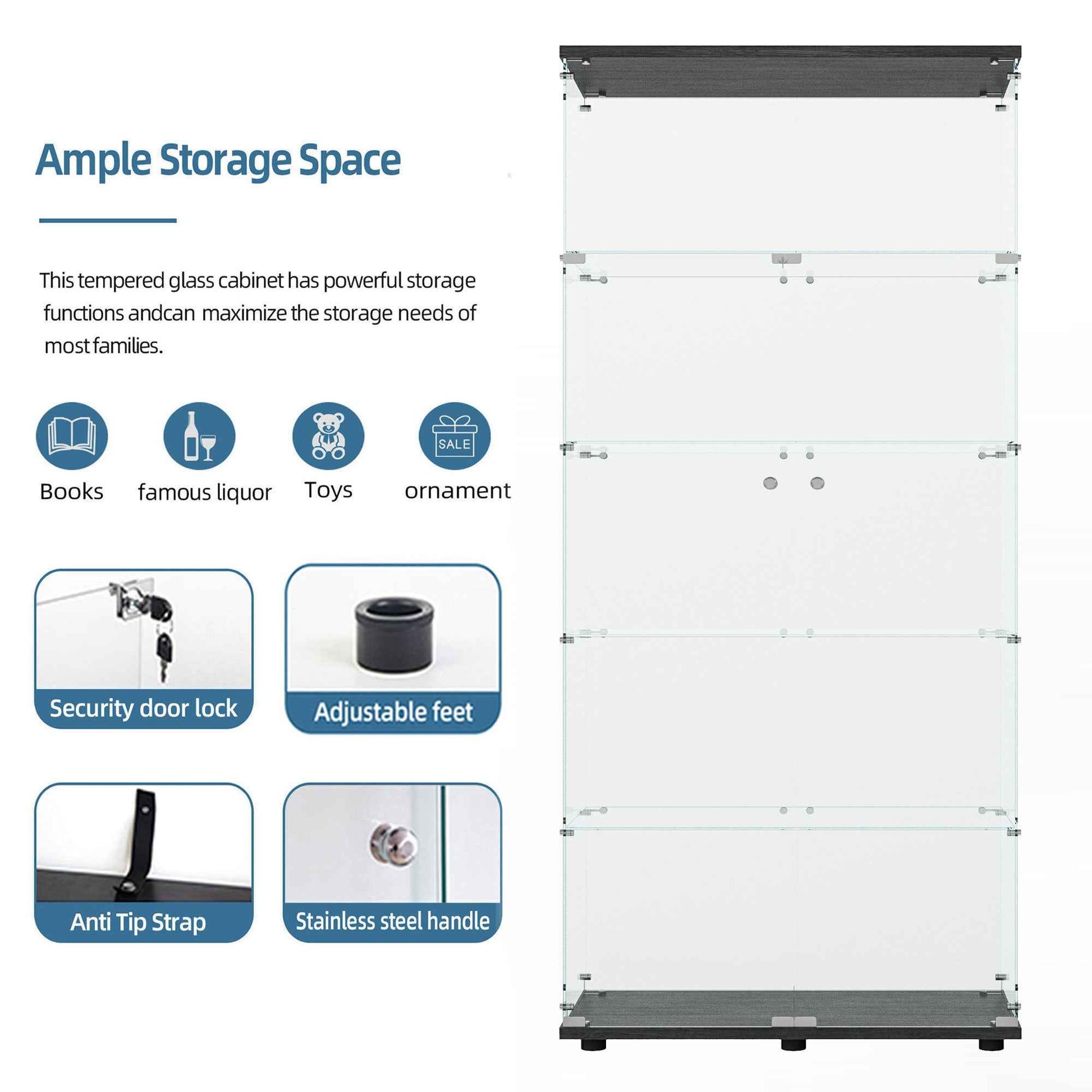 Tempered glass display cabinet,liquorcabinet,storagecabinet,filecabinet,with paipai lights,with locks,bottom equipped with adjustable feet,suitable for uneven,living room bedroom,corridor,office,black