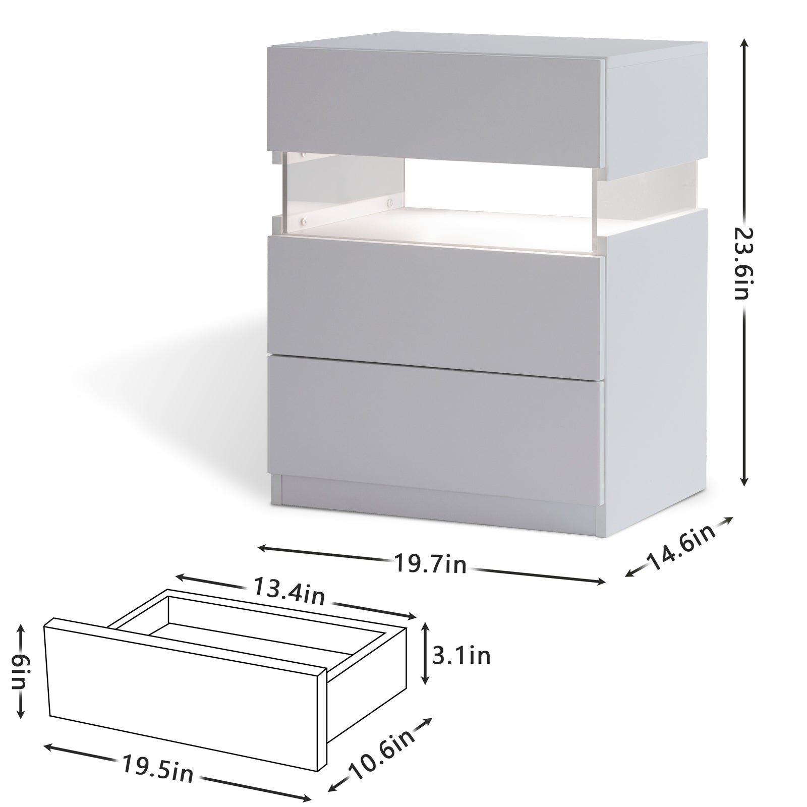 LED Nightstands 3 Drawer Dresser for Bedroom End Table with Acrylic Board LED Bedside Tables for Bedroom Living Room Bedside Furniture (White) - Abrihome
