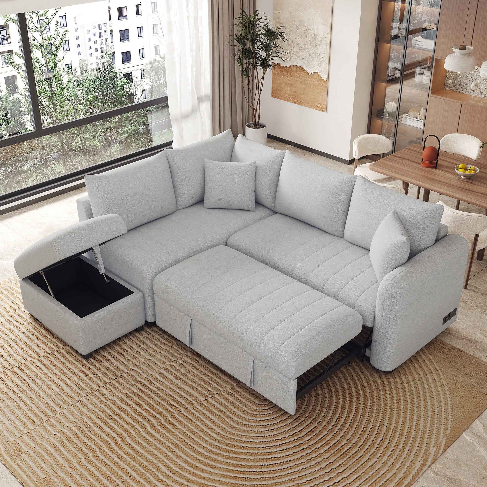 Modern L-shaped Sectional Pull Out Sofa Bed with USB Ports & Storage Ottoman, Gray Jacquard Fabric, 82.6'
