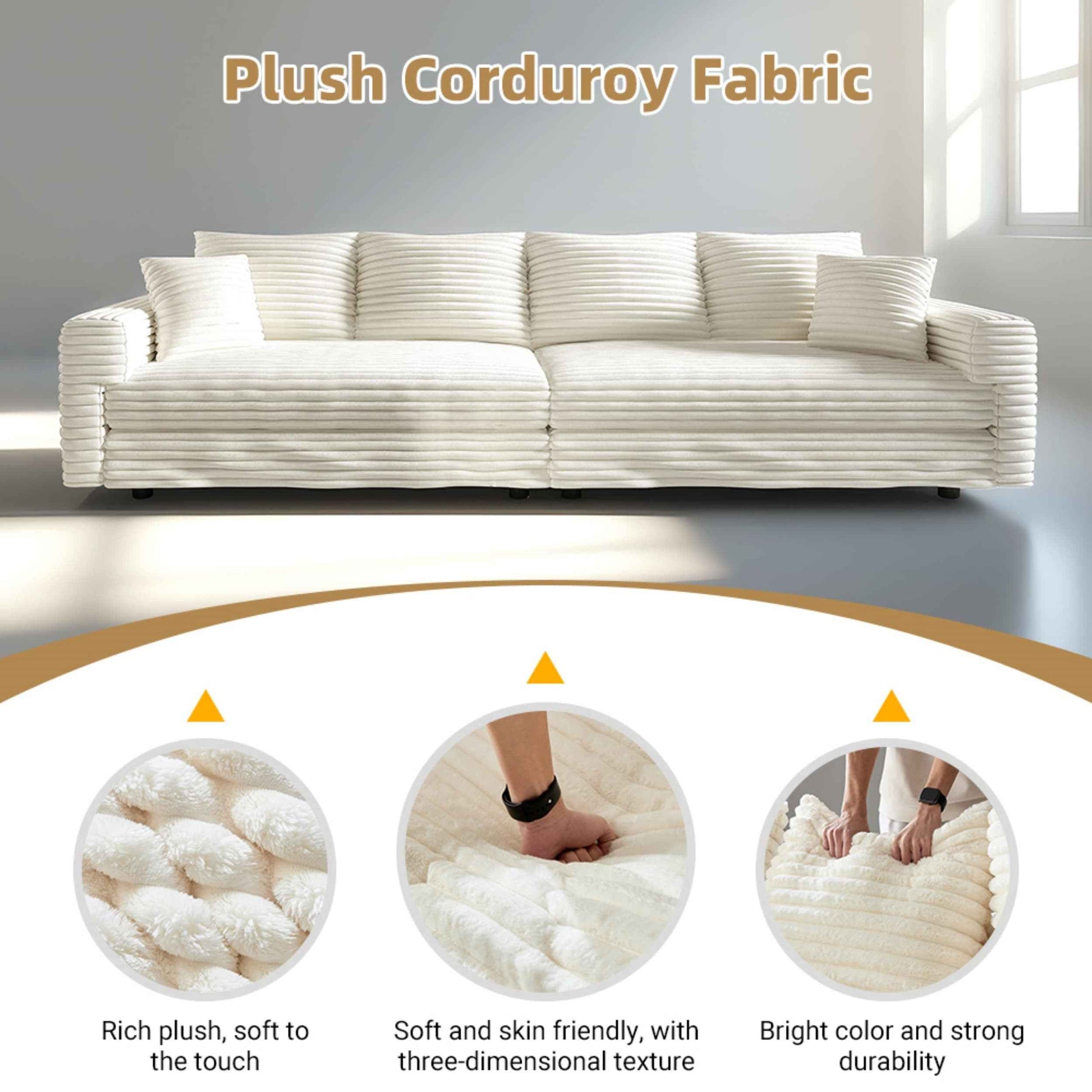 102.4 ' Plush Corduroy 4-Seat Sofa,Modern Comfy Upholstered Sofa Cloud Couch,Deep Seat Couches with Soft Pillows,Convertible Deep Seat Sofa Lounge Chair for Living Room Bedroom,Apartment,Office,Beige