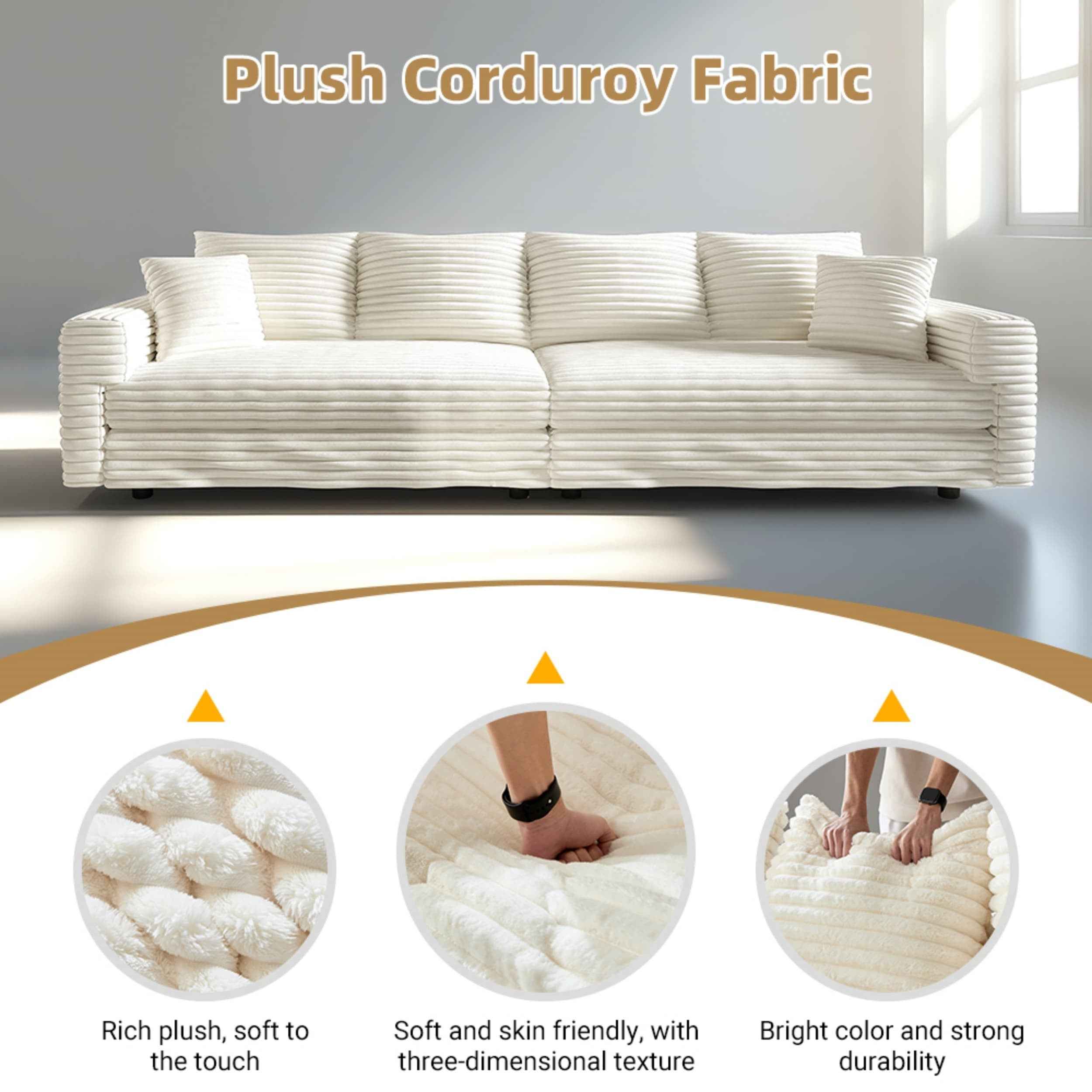 102.4 ' Plush Corduroy 4-Seat Sofa,Modern Comfy Upholstered Sofa Cloud Couch,Deep Seat Couches with Soft Pillows,Convertible Deep Seat Sofa Lounge Chair for Living Room Bedroom,Apartment,Office,Beige