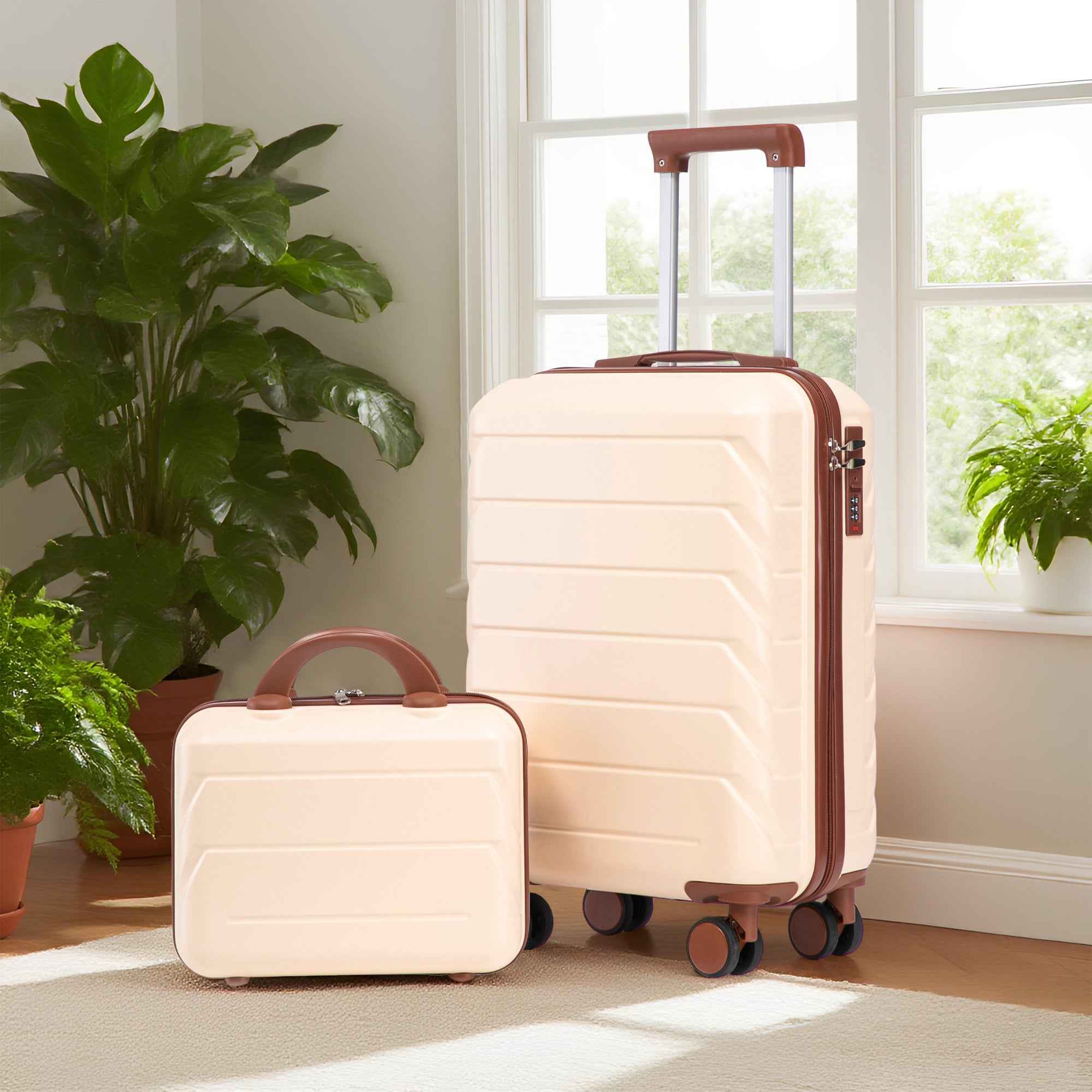 14'/20' 2 pcs/set in ABS Spinner Wheel Luggage, with Combination Lock,14' Cosmetic Case (Beige)