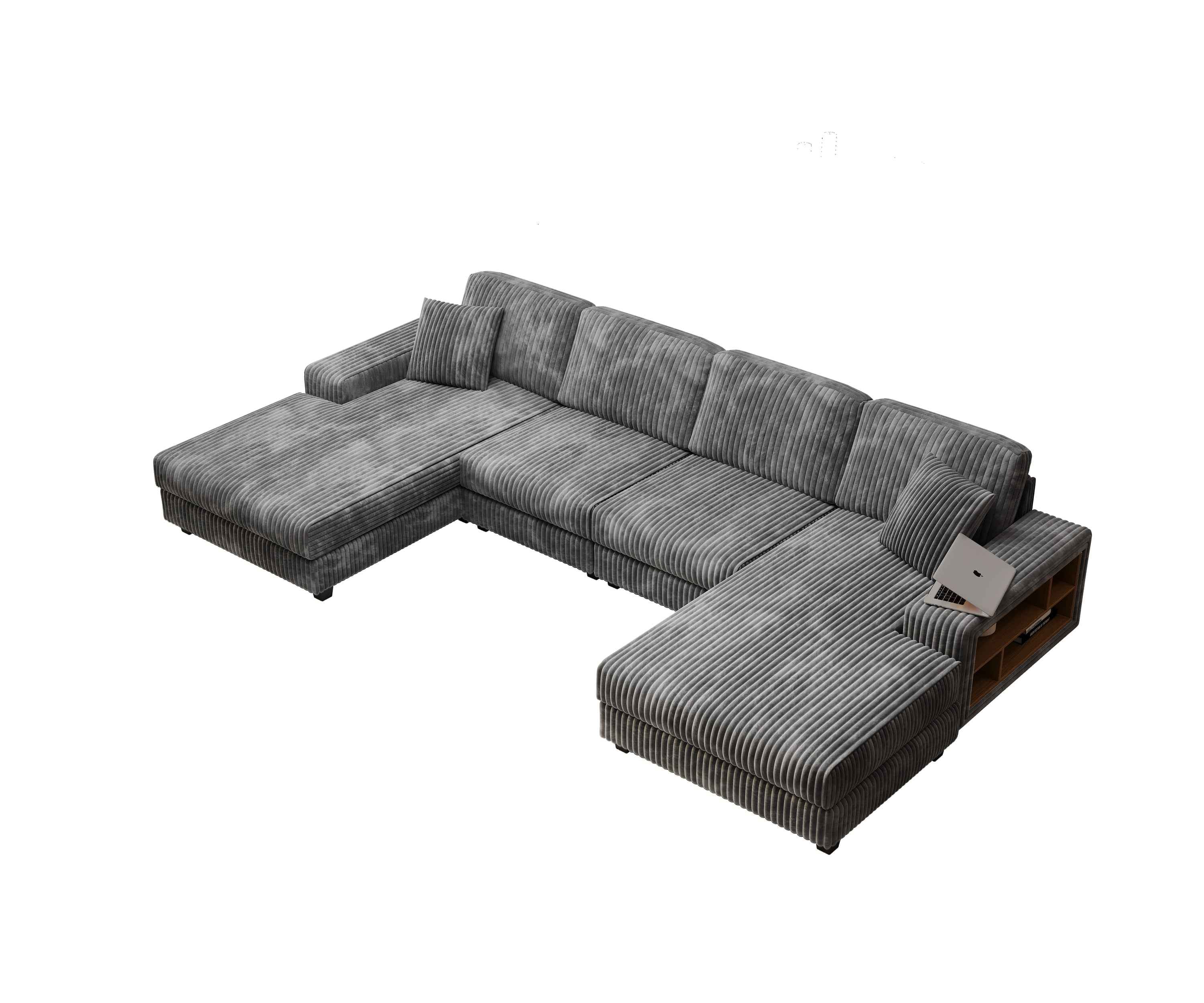 Convertible U-shaped Combination Sofa, Corduroy Fabric, Modern Comfortable Large Size 4 Seat Sofa, Living Room Double Lounge Chair , Dark Grey