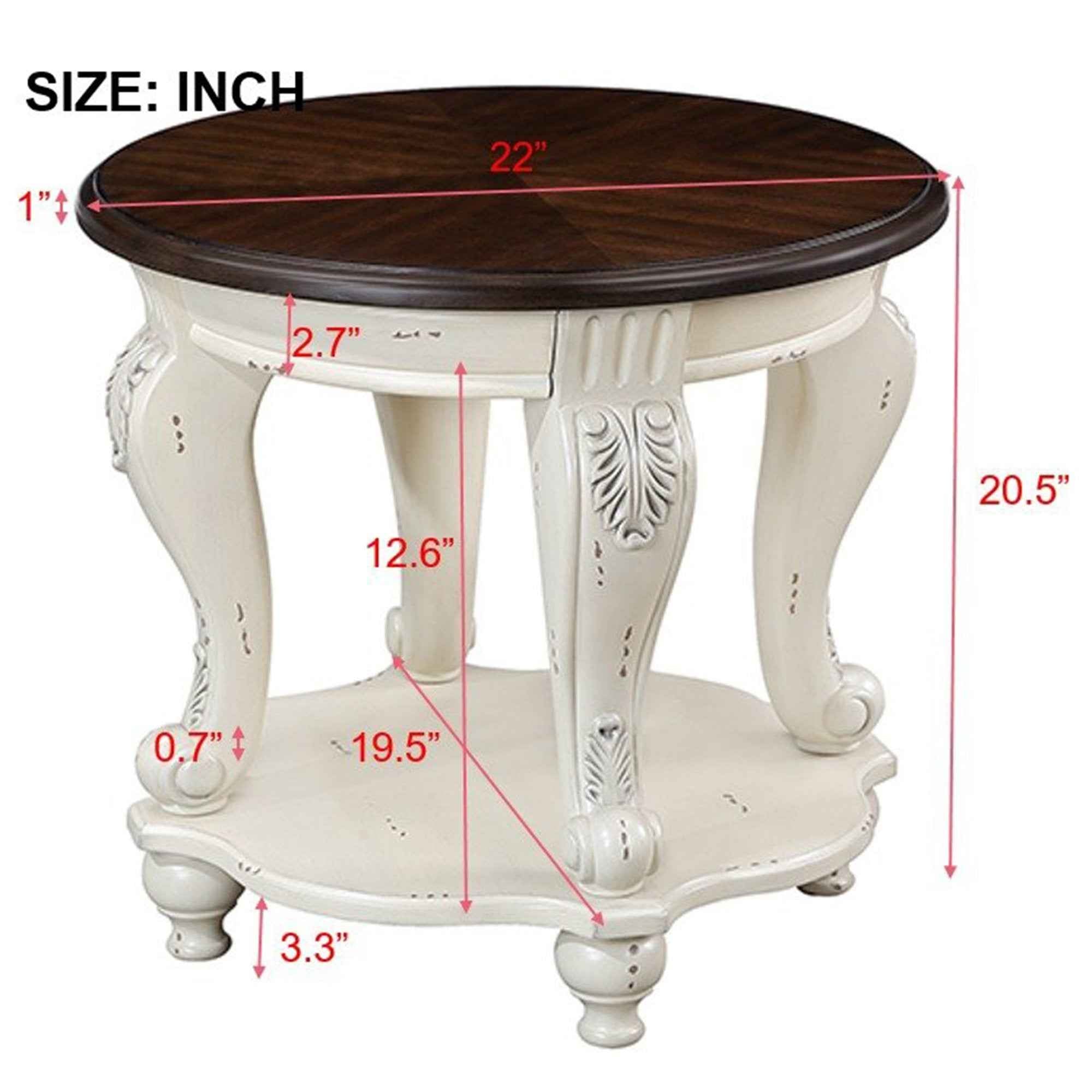 22'' Two Tone Round End Table,Solid Wood Sofa Side Table with Shelf,Living Room Corner Table Easy Assemble,Beige and Espresso Top