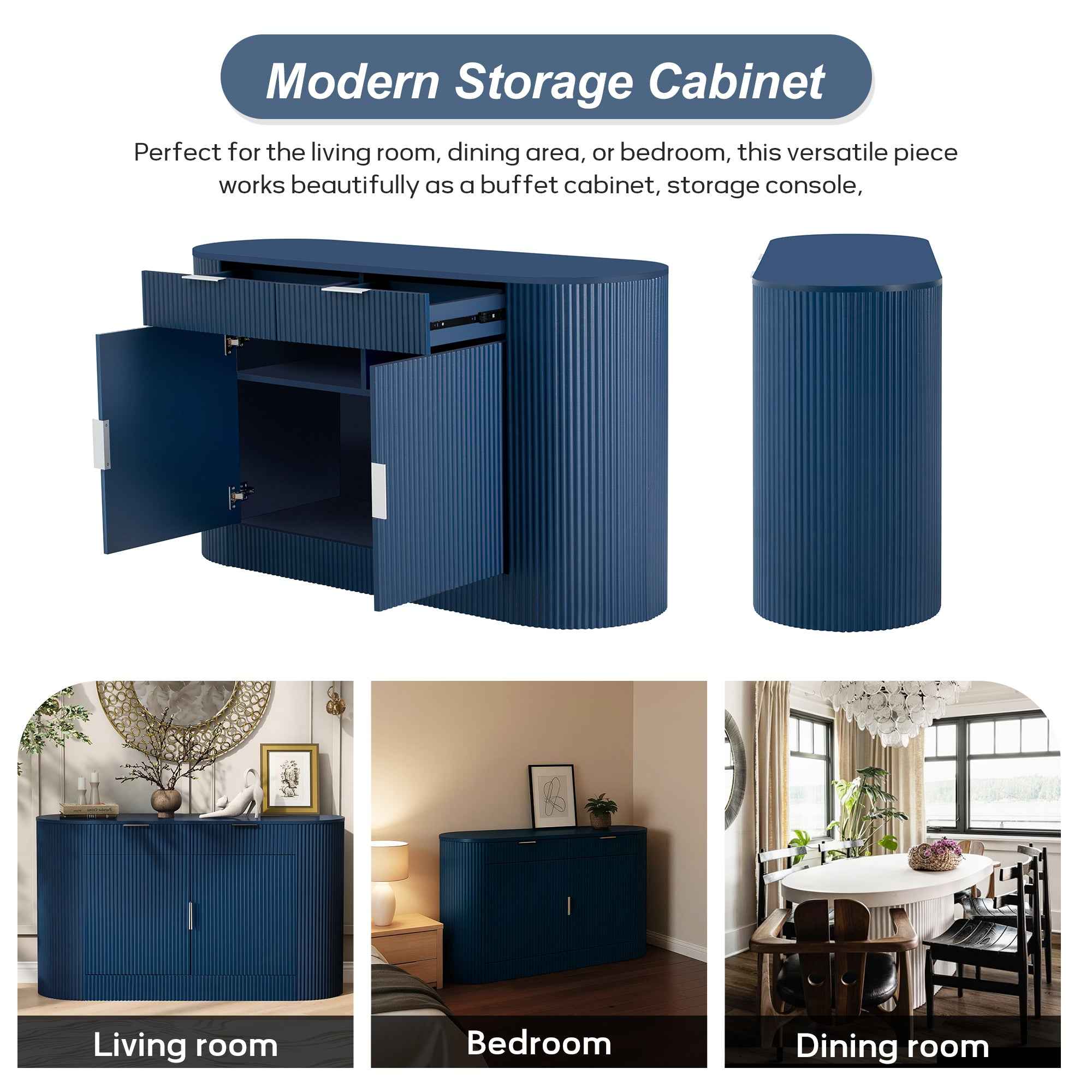 U_STYLE 55.1' Modern Storage Cabinet – 2 Doors & 2 Drawers, Stripe MDF Sideboard with Aluminum Handles, Curved Side Door & 3-Tier Shelves, Buffet Cabinet for Living Room, Bedroom, Dining Room