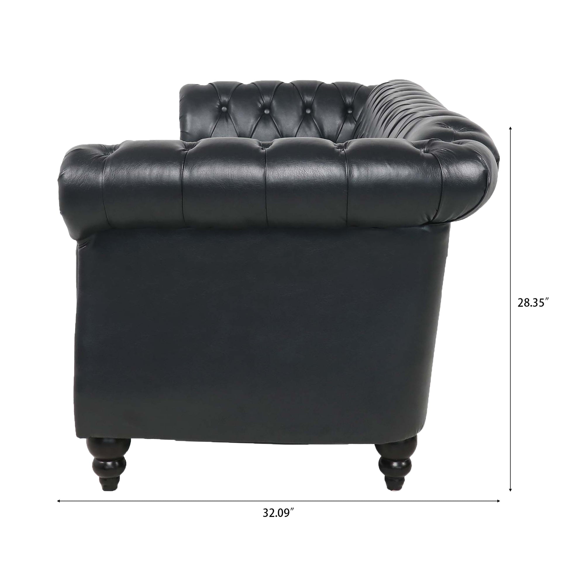 84.65" BLACK PU Rolled Arm Chesterfield Three Seater Sofa. - Abrihome