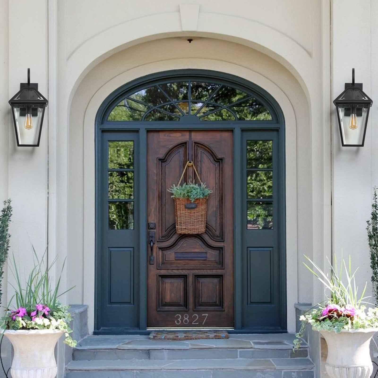 21'(H) 2-Pack Outdoor Wall Lantern Light – Modern Black Metal & Clear Glass Sconce for Porch, Patio, and Garden Lighting (Bulb Not Included)