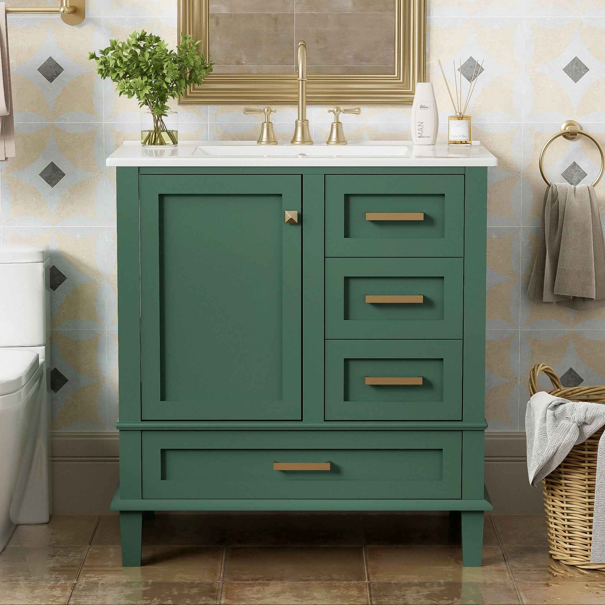 Modern Bathroom Vanity with Sink Combo Set, Solid Wood Frame, Green, 30 Inches