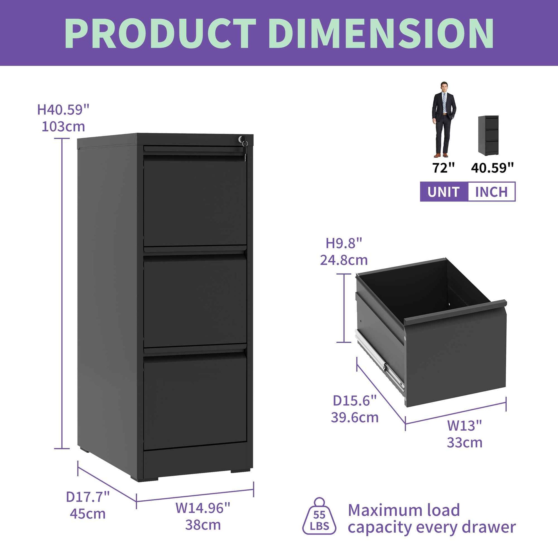 SteelCraft 3 Drawer Metal Vertical File Cabinet with Lock, Black, Steel, 15.16x17.72x40.39 inches