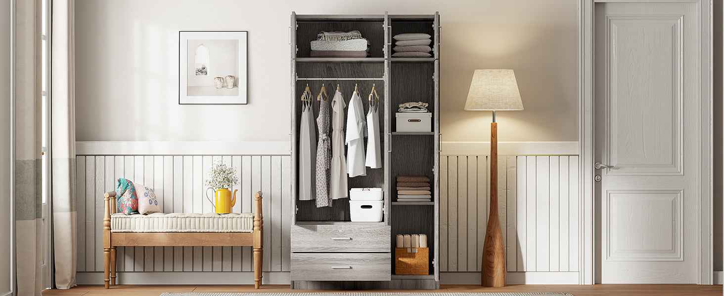 3-Door Mirror  Wardrobe with 2 Drawers and Top Cabinet,Gray