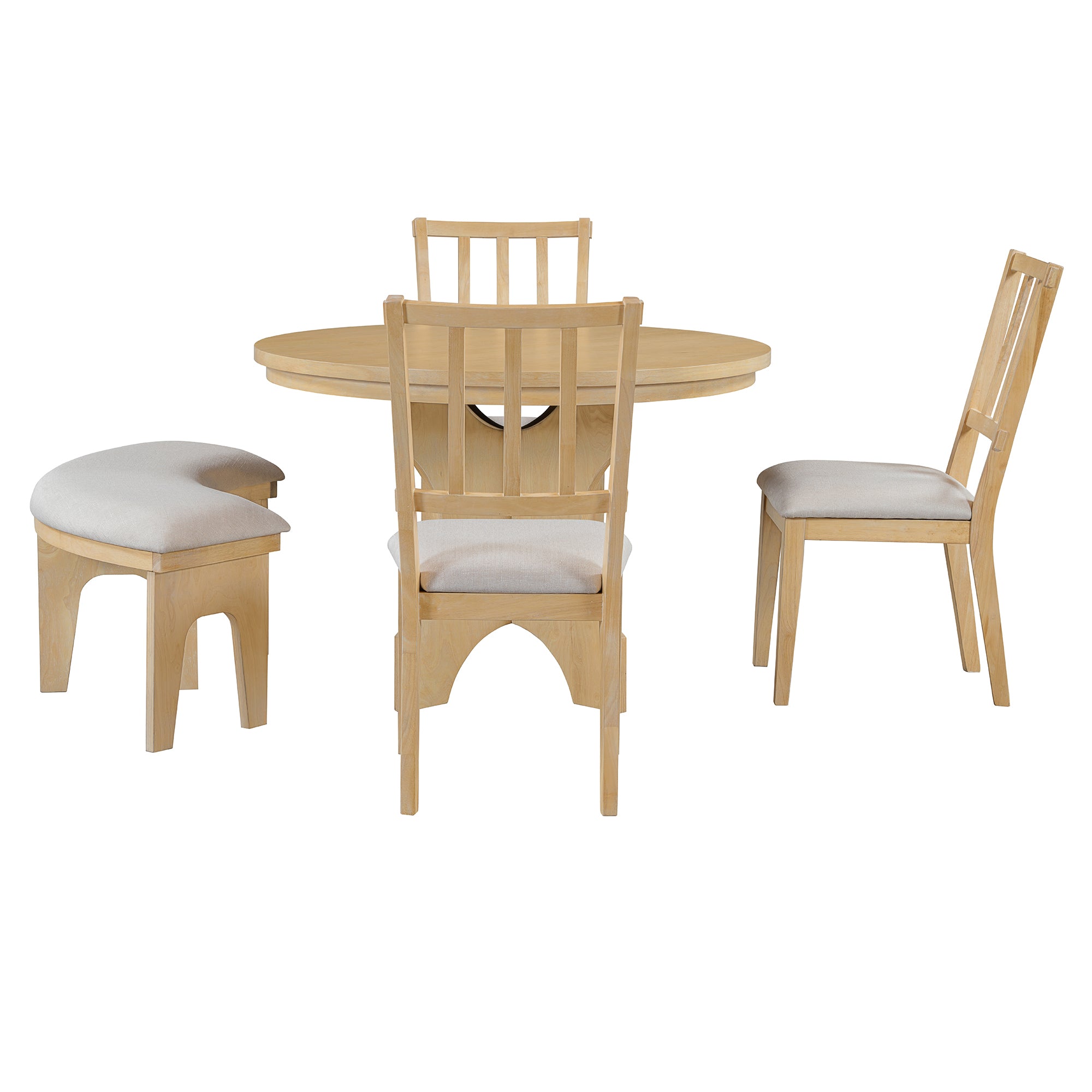 TREXM 5-piece Rustic Charm Round Dining Set with 3 Upholstered Chairs and Curved Bench for Dining Room, Kitchen and Living room (Natural)