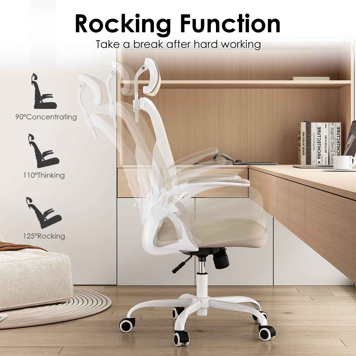 Ergonomic Office Chair, Home Office Desk Chair with Headrest, High Back Computer Chair with Armrests and Adjustable Lumbar Support for Home Office Study Room,White & Khaki