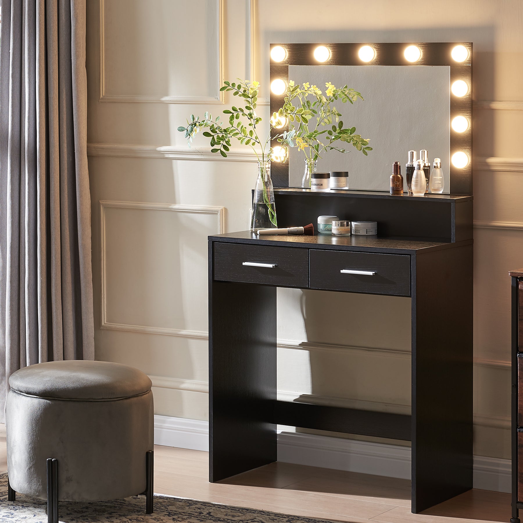 Vanity Desk with Mirror and Lights, Dressing Table with Large Drawer, 2 Level Storage Dresser & 3 Lighting Modes Adjustable Brightness, Suitable for Bedroom(Black)