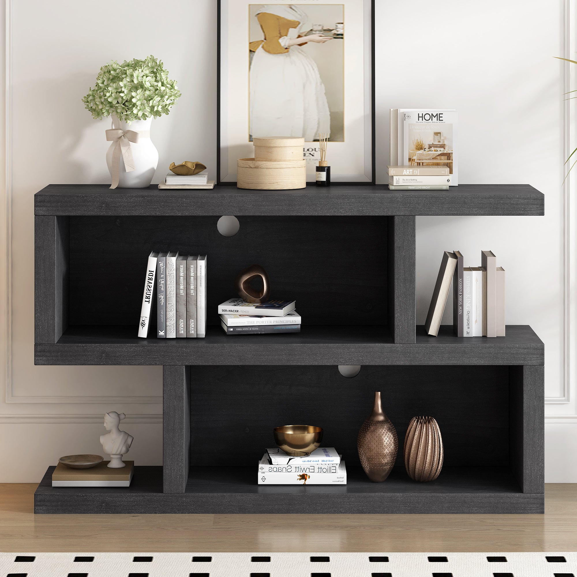 TREXM Retro Console Table with Symmetrical 2-Tier Open Shelf for Entryway and Living Room (Black)