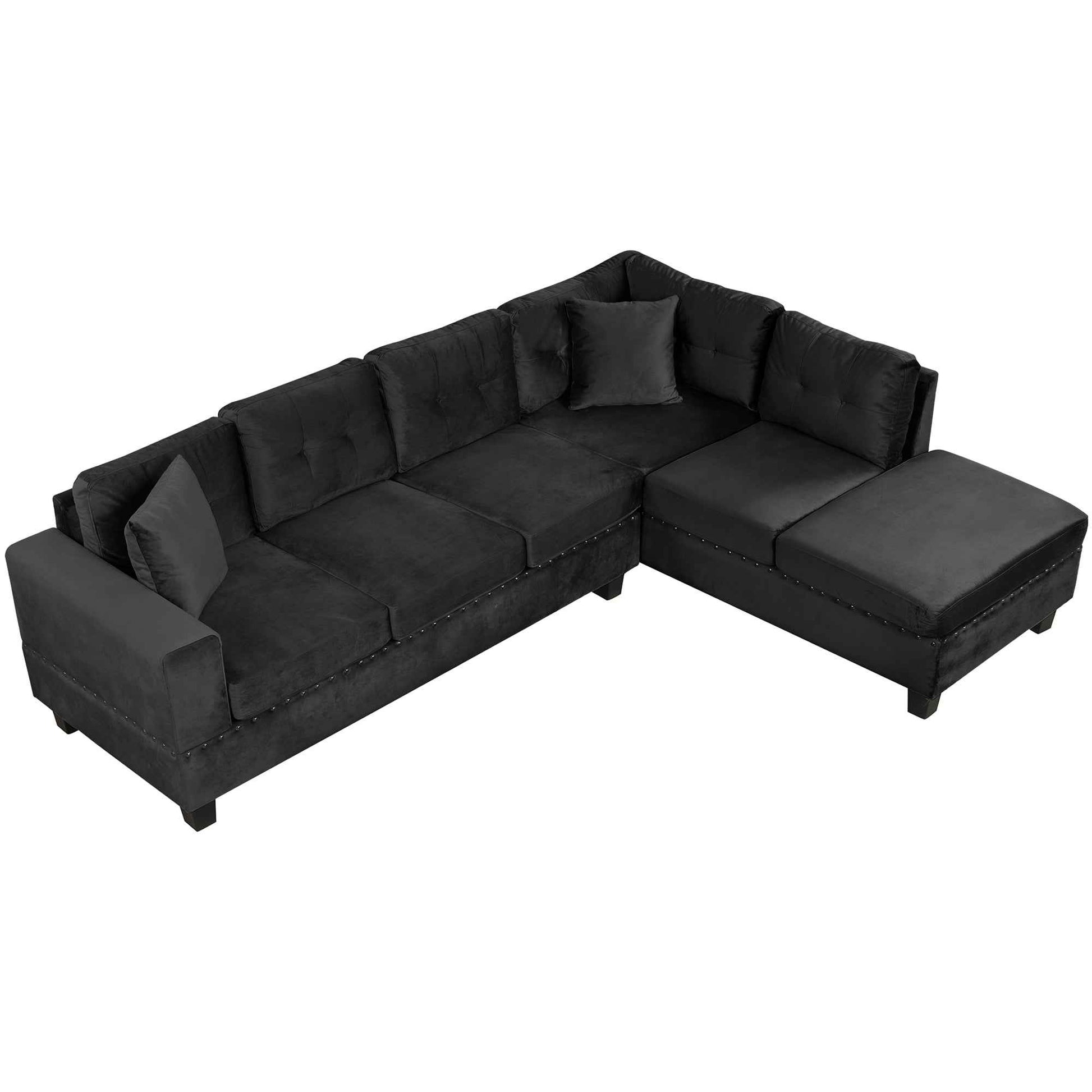 Modern Sectional Sofa with Storage Ottoman, L-Shape Couch with 2 Pillows and Cup Holders, Black Velvet, 105'
