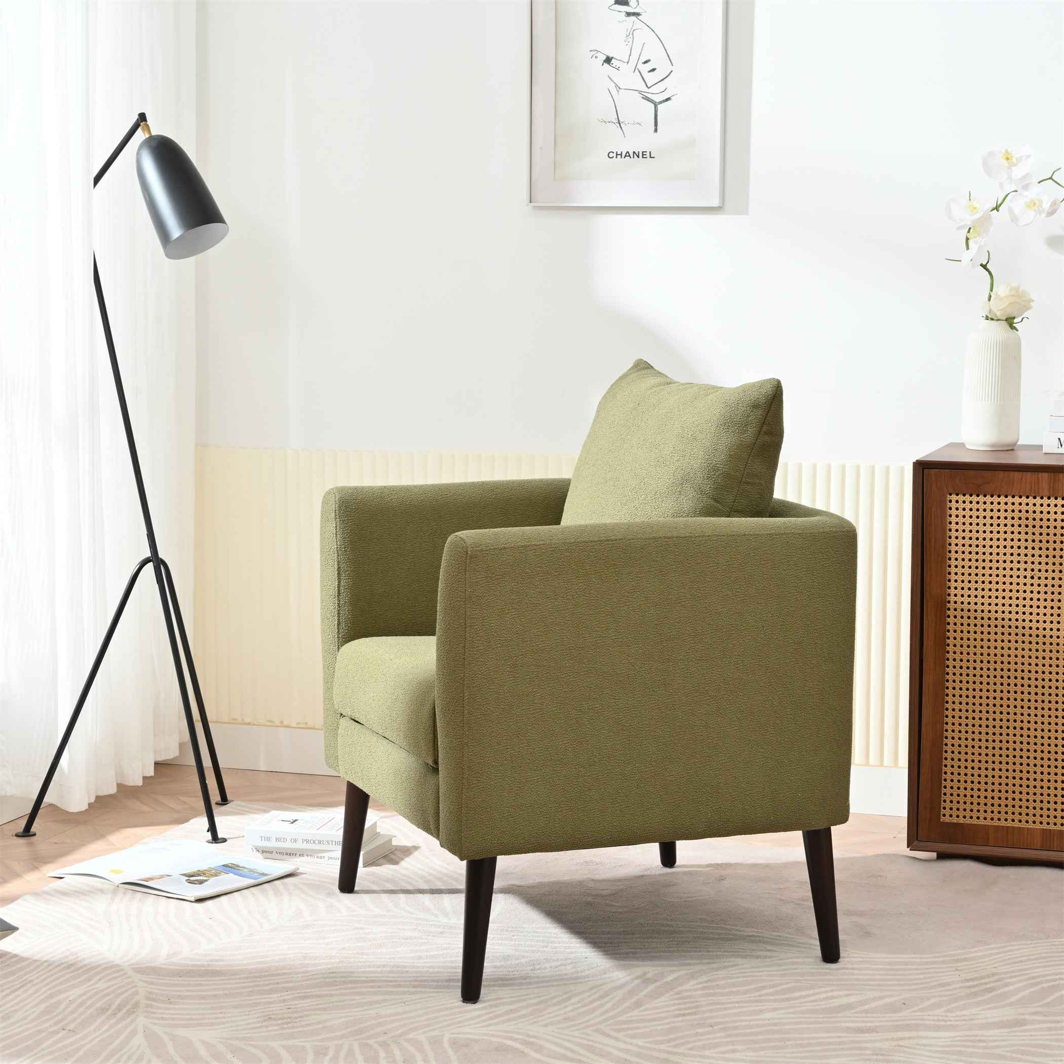 Modern Fabric Accent Chair, Upholstered Armchair for Living Room, Mid Century Fabric Lounge Chair w/Pillow, Comfortable Reading Chair with Wood Legs for Living Room, Bedroom, Reception Room (Olive)