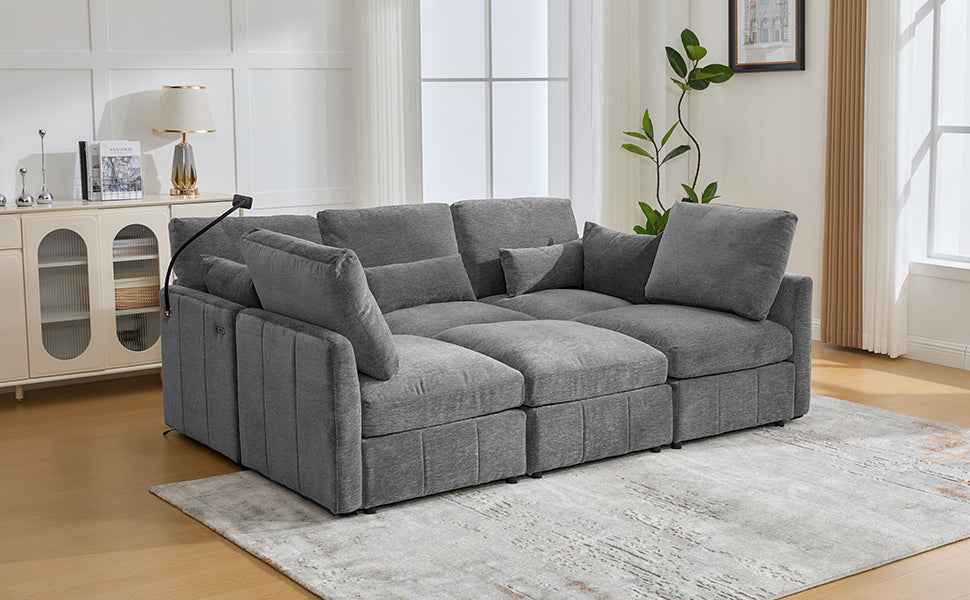 Modern Sectional Sofa Modular Sofa with Movable Ottoman, USB Ports & Phone Holder, Grey Chenille, 85.4'