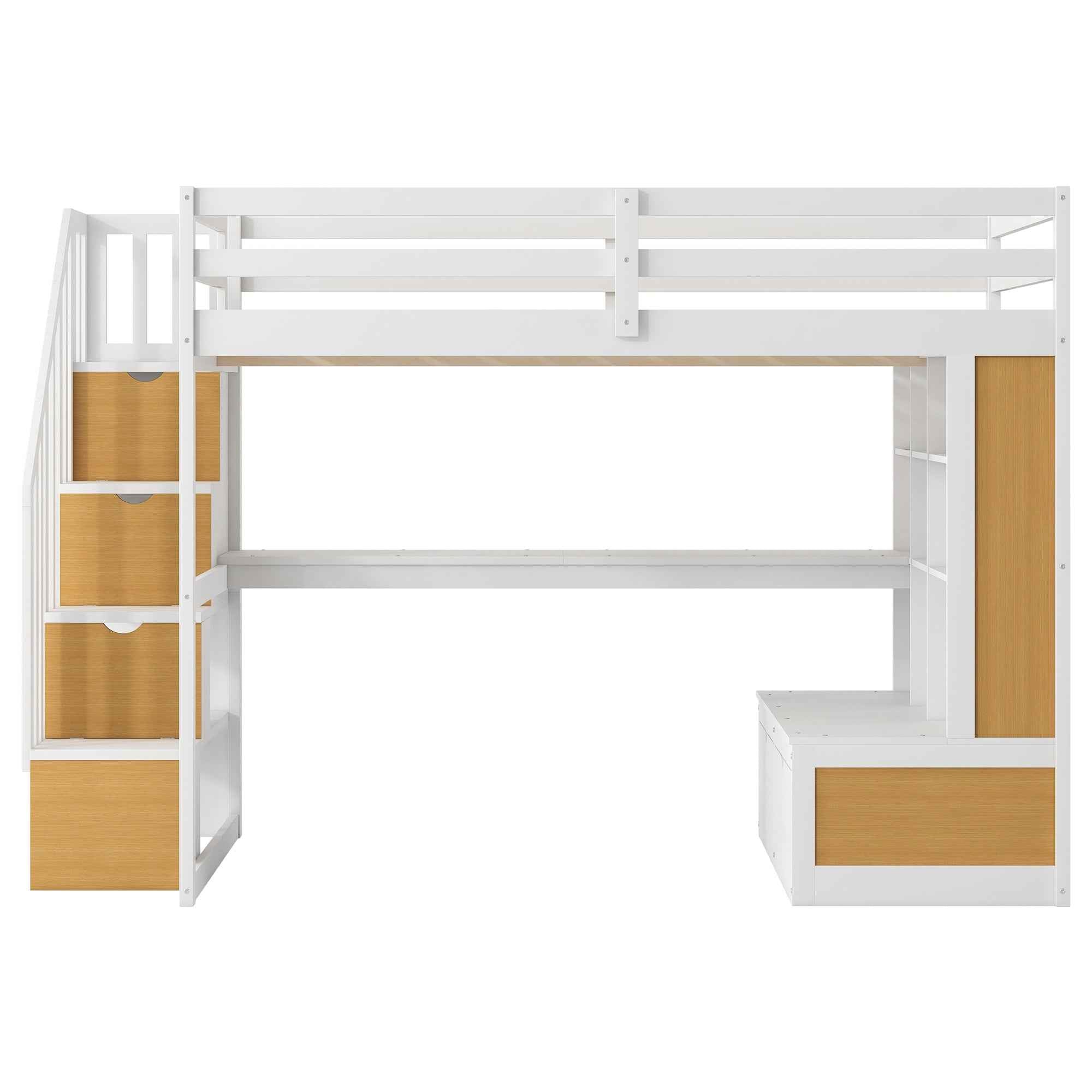 Full Size Loft Bed with Desk and Shelves, Two Built-in Drawers, Storage Staircase in White and Natural Finish, Solid Pine Wood and MDF Construction