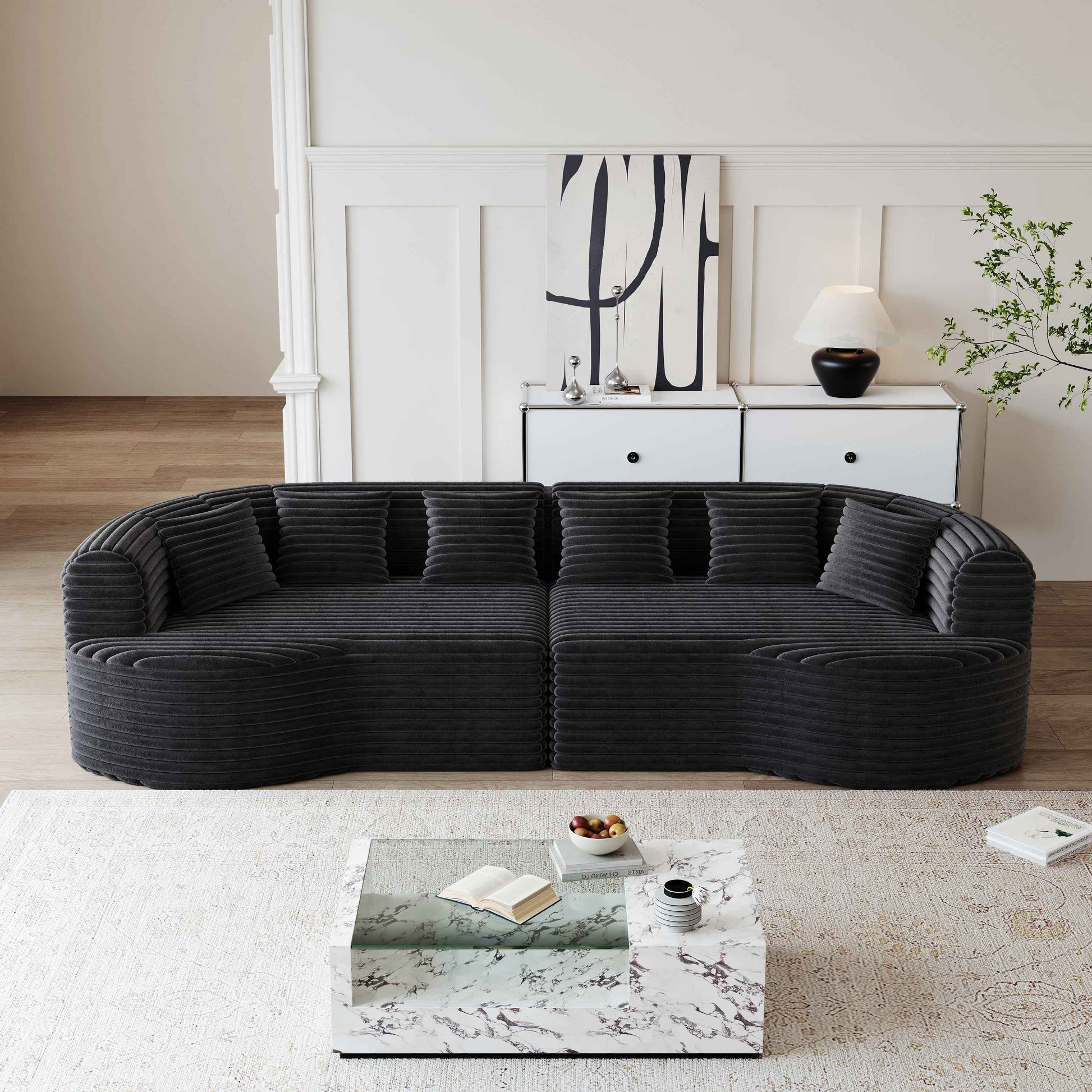 Curved Sectional Sofa, 106.3-inch Oversized Modern Bone-Free Cloud Sofa with 6 Pillows Luxury Corduroy Four-Seater Memory Foam Sofa with Deep Seat Design,black