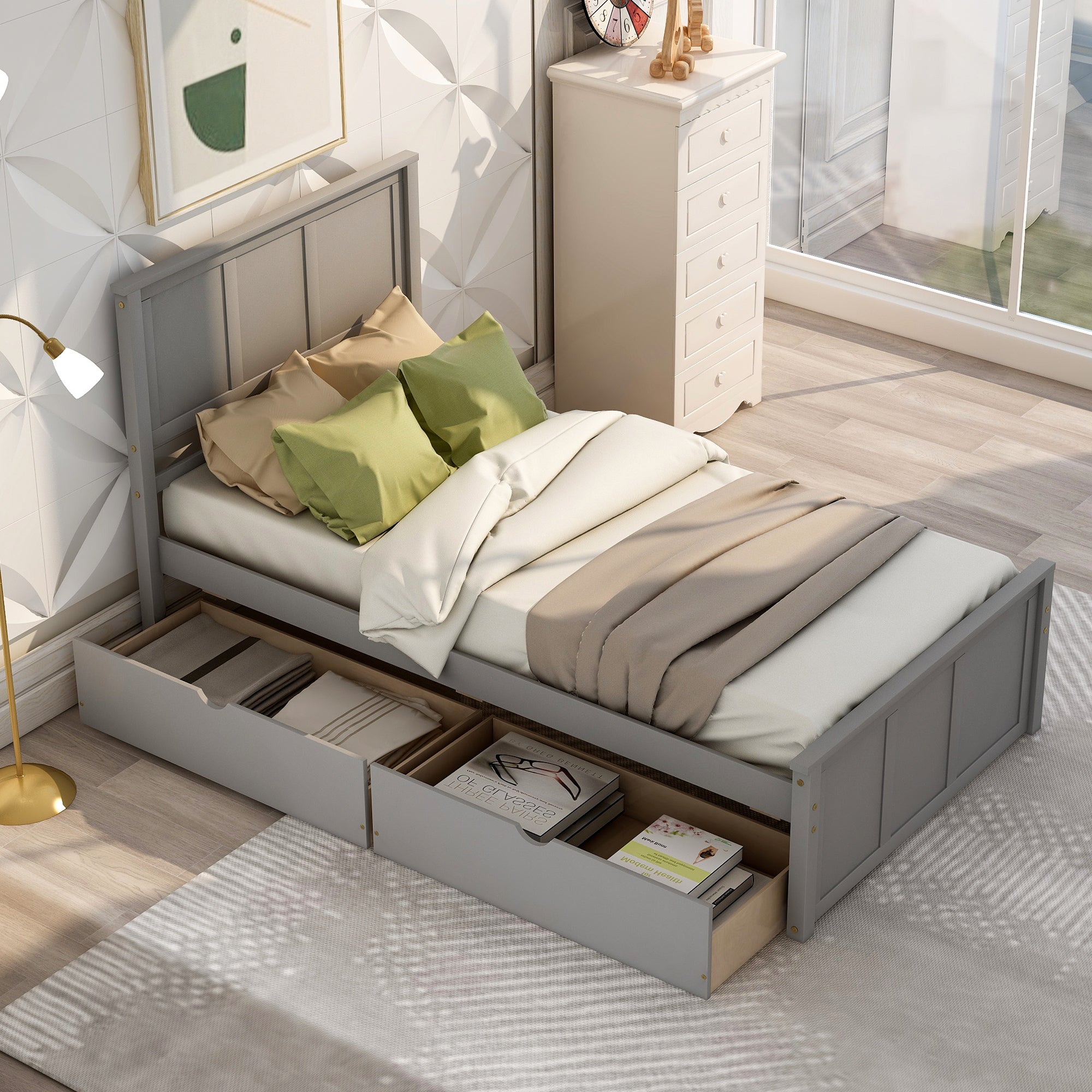 Platform Storage Bed, 2 drawers with wheels, Twin Size Frame, Gray (New SKU: WF283062AAE)