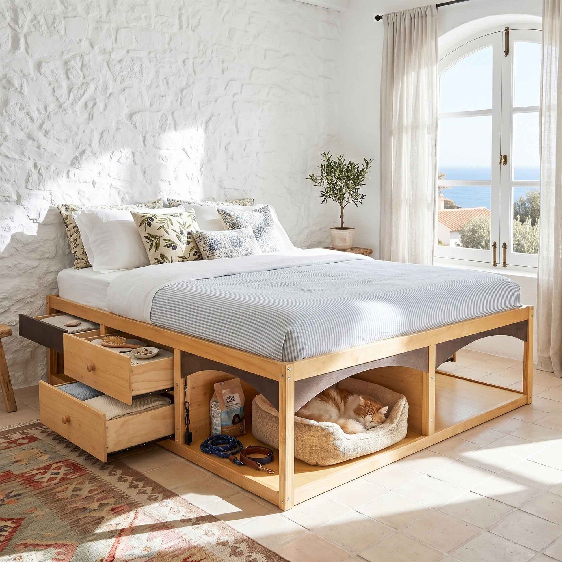 King Bed Frame with Storage Drawers, No Headboard Platform Bed, Pet-Friendly Design, No Box Spring Needed, Modern Minimalist Style-Natural
