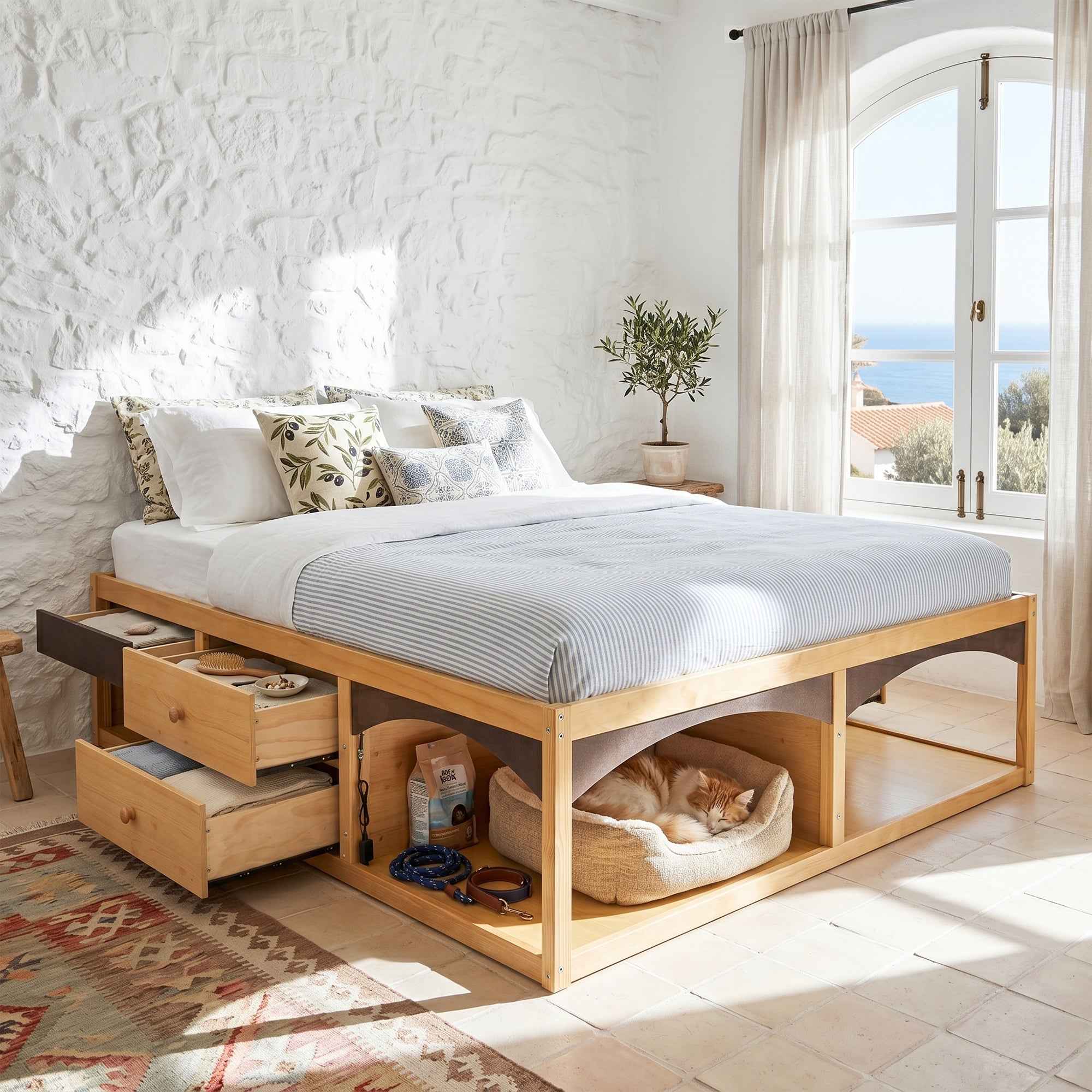 King Bed Frame with Storage Drawers, No Headboard Platform Bed, Pet-Friendly Design, No Box Spring Needed, Modern Minimalist Style-Natural