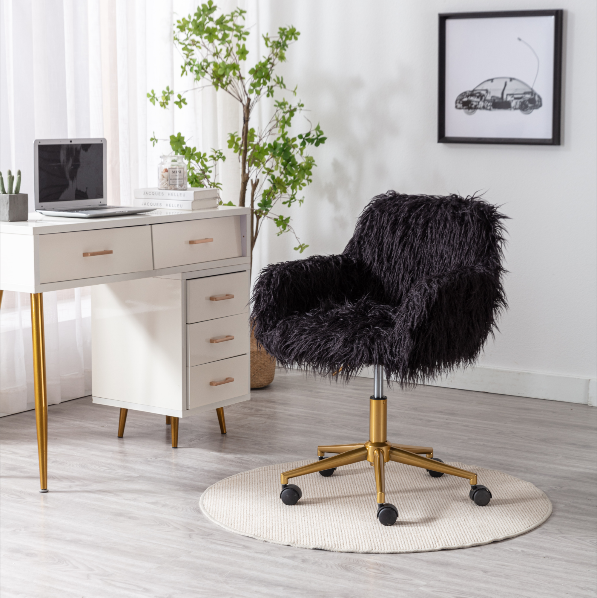 HengMing Modern Faux fur home office chair, fluffy chair for girls, makeup vanity Chair with Gold Plating Base