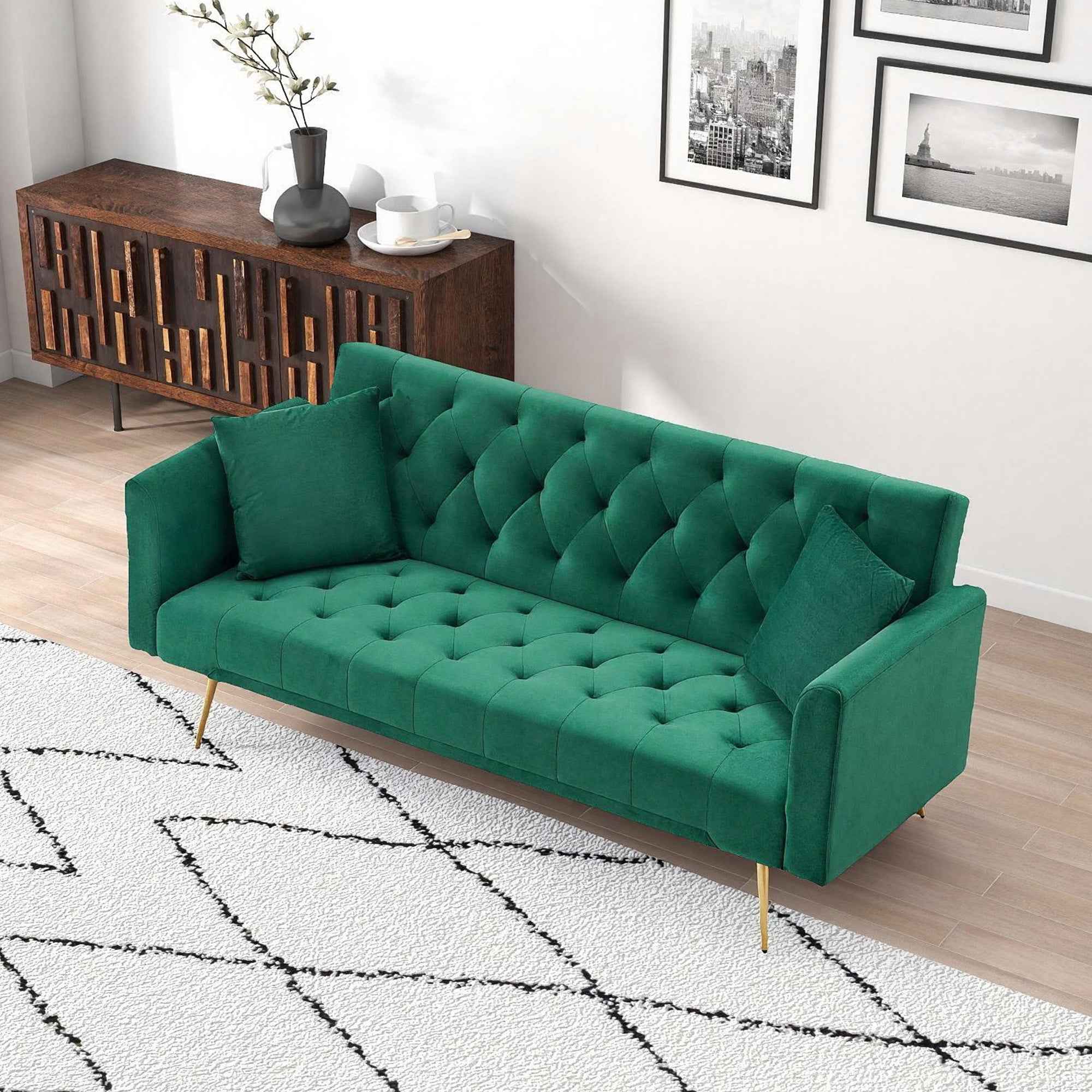71 inch convertible love seat sofa, American retro  green velvet, suitable for small living room, bedroom, office