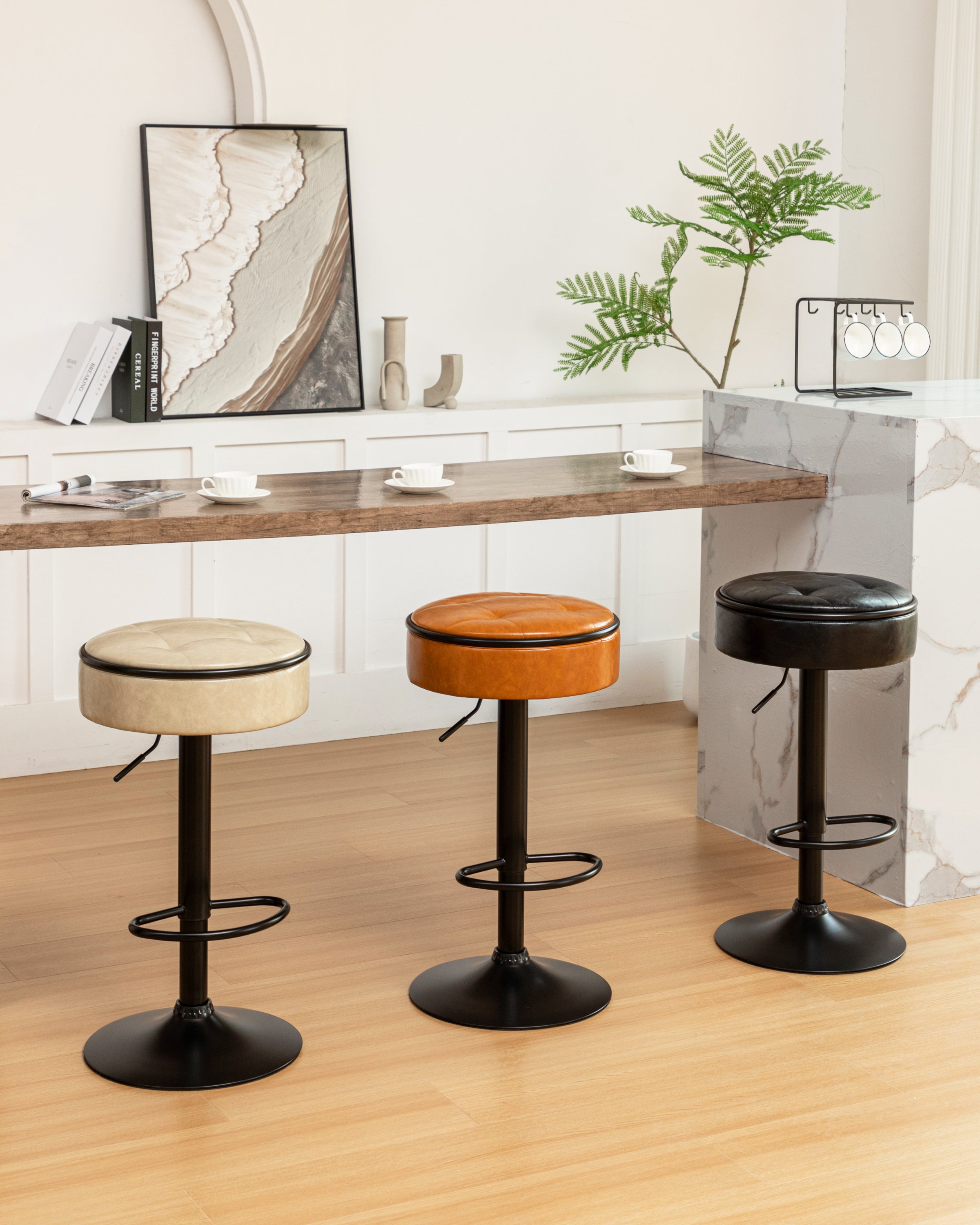 Round Storage Bar Stool Set of 2, Khaki Faux Leather Height Adjustable Barstool, 360°Counter Height Swivel Stool, Armless Bar Chair with Metal Frame for Kitchen Counter Dining Living Room