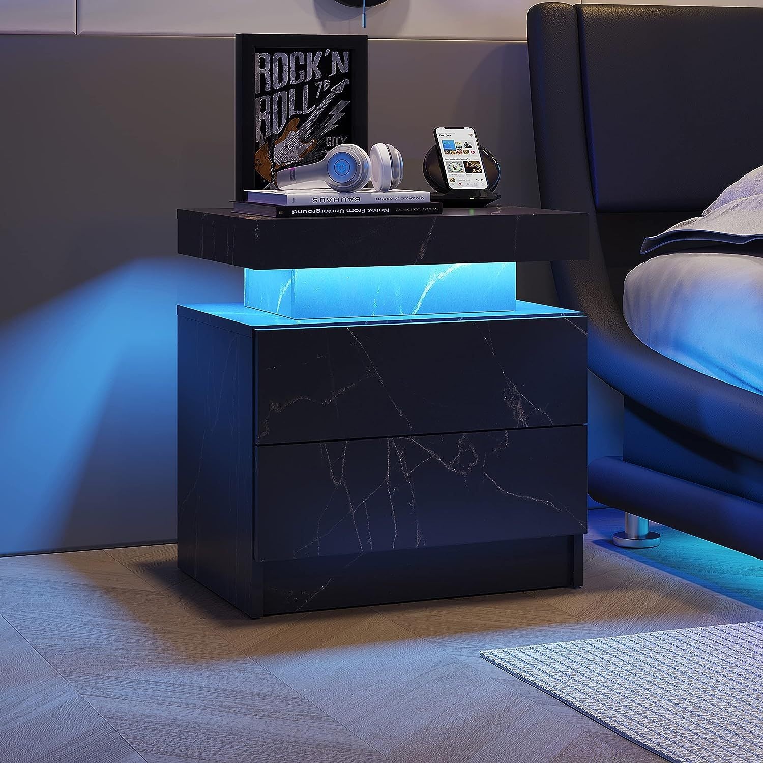 Nightstand LED Bedside Table Cabinet Lights Modern End Side with 2 Drawers for Bedroom (Black Gold) - Abrihome