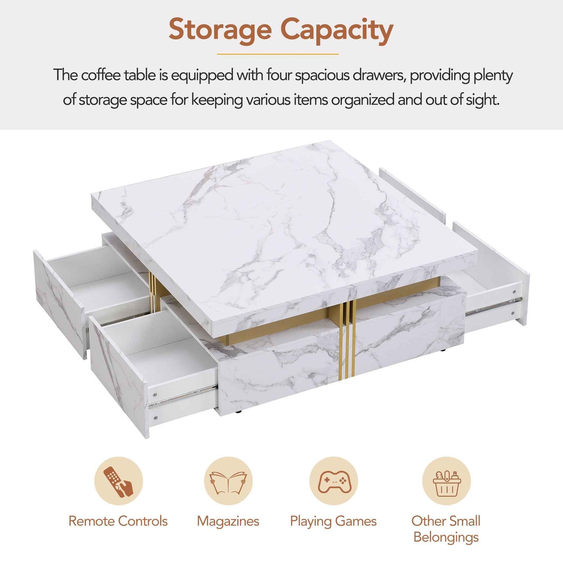 Modern White Square Storage Coffee Table with 4 Drawers