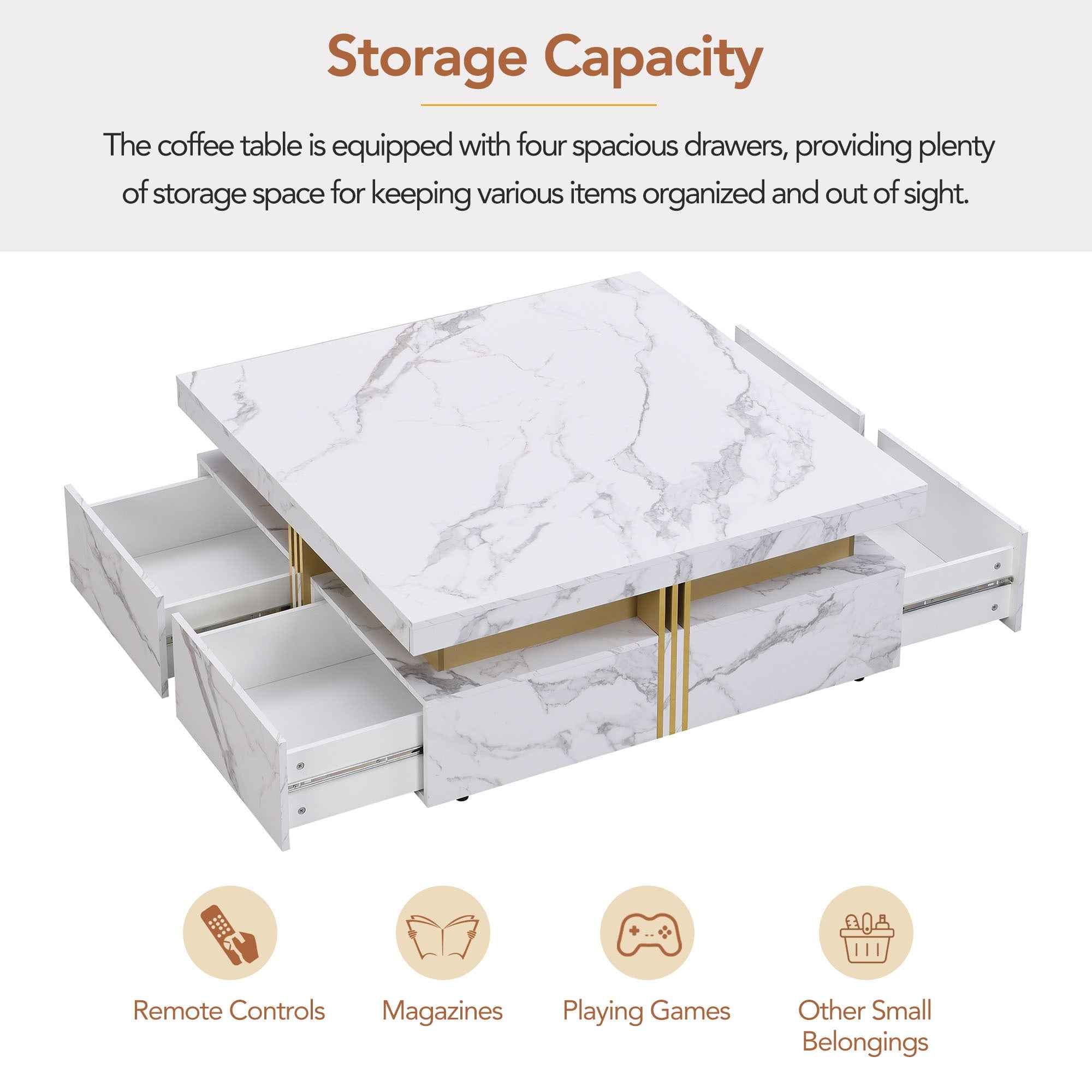 Modern White Square Storage Coffee Table with 4 Drawers