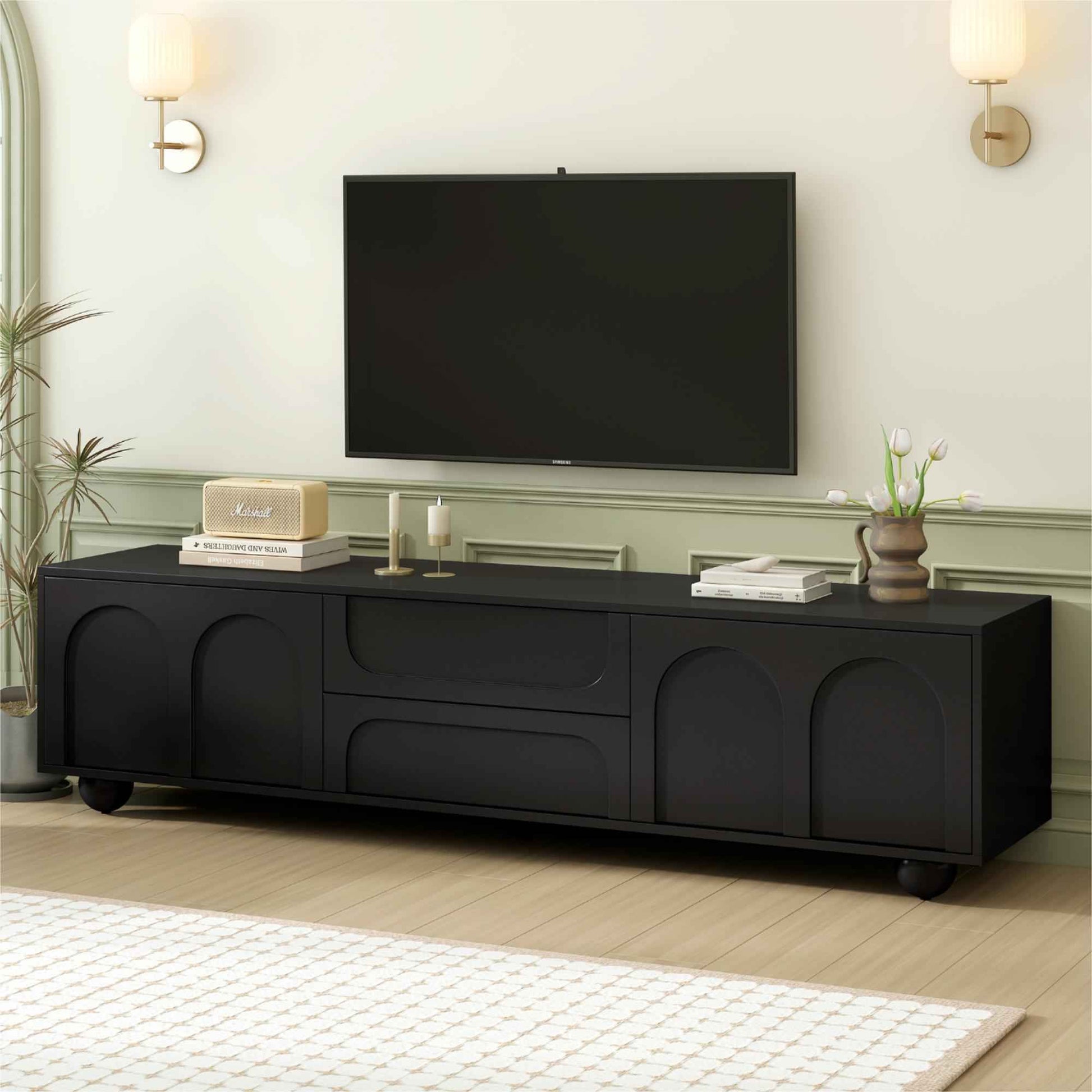 ON-TREND Cream Style TV Stand with Arched Doors & 2 Drawers for TVs up to 75', Minimalist Media Console with Rebound Device, Entertainment Center with 5 Iron Round Legs for Living Room, Bedroom, Black