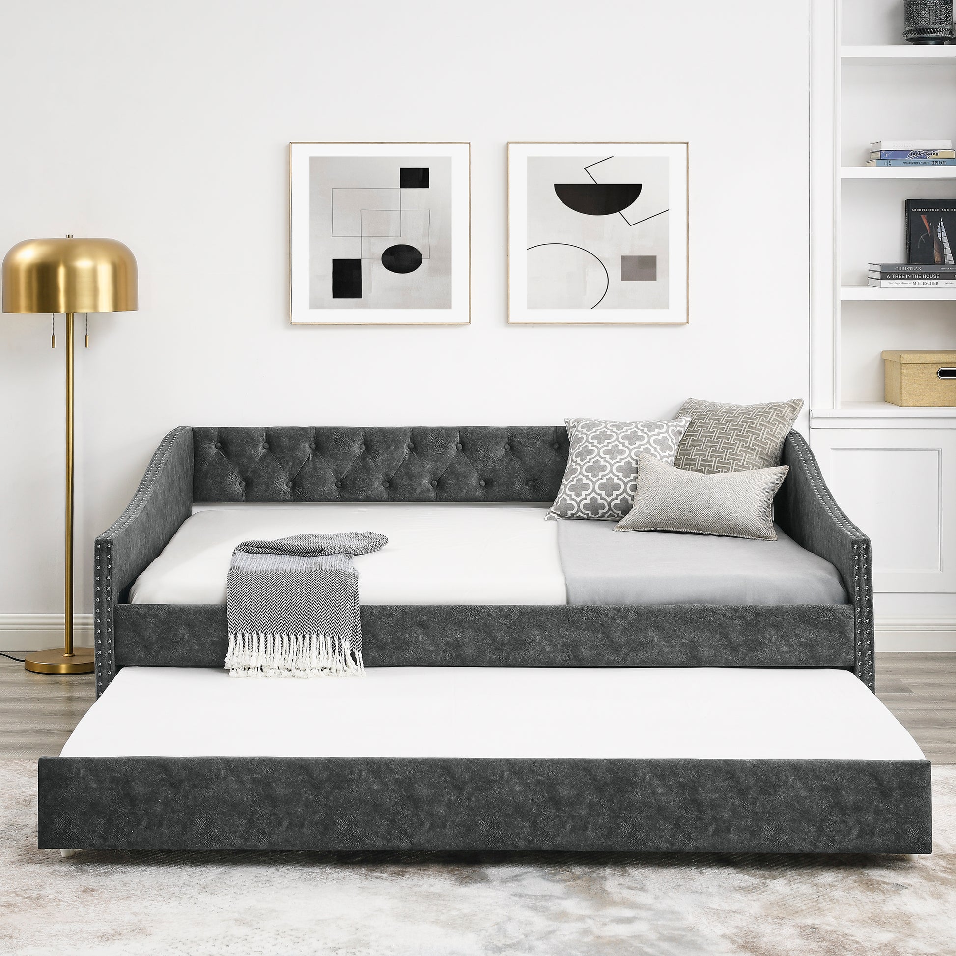 Full Size Daybed with Twin Size Trundle Upholstered Tufted Sofa Bed, with Button on Back and Copper Nail on Waved Shape Arms,Grey (80.5"x55.5"x27.5") - Abrihome