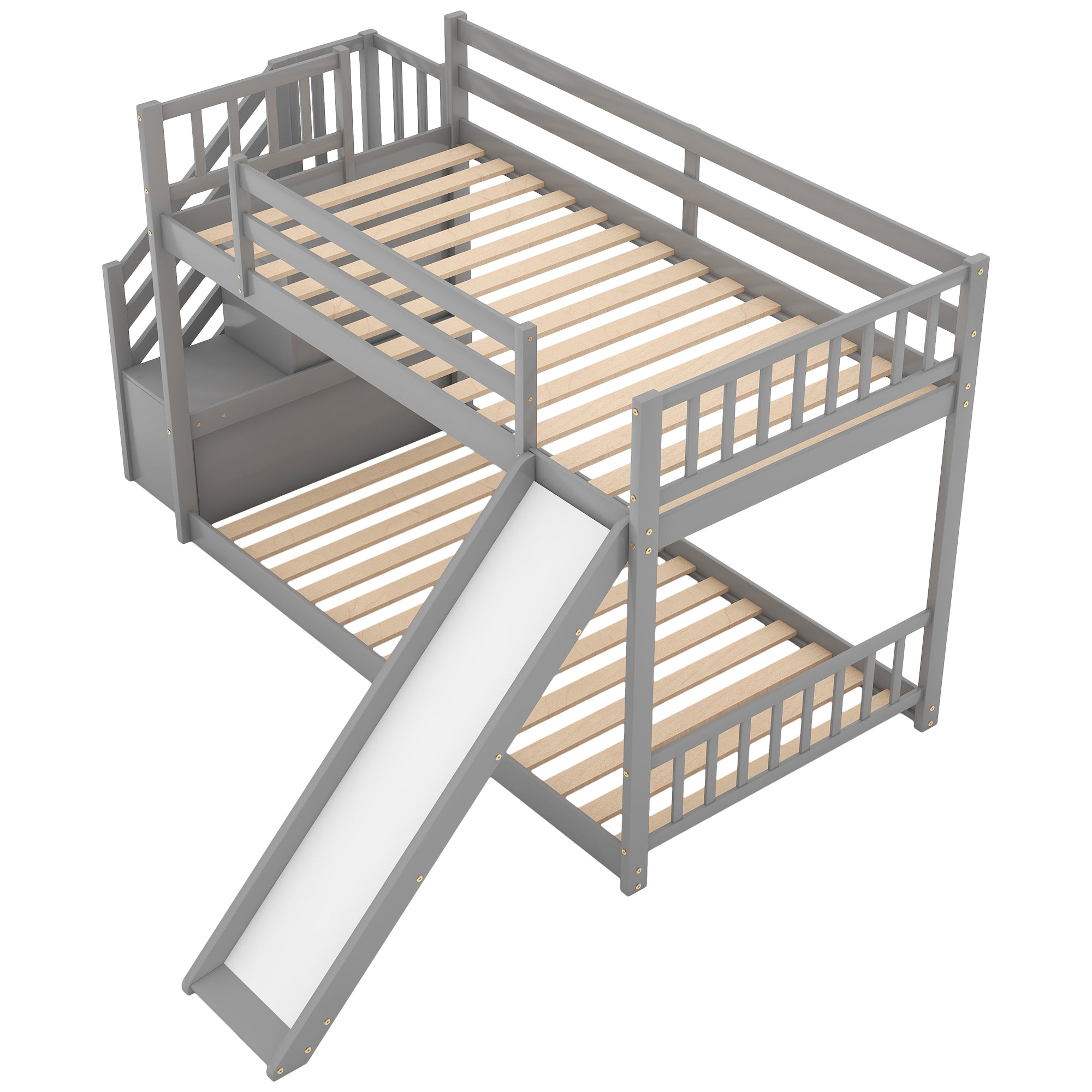 Twin over Twin Bunk Bed with Convertible Slide and Stairway, Gray