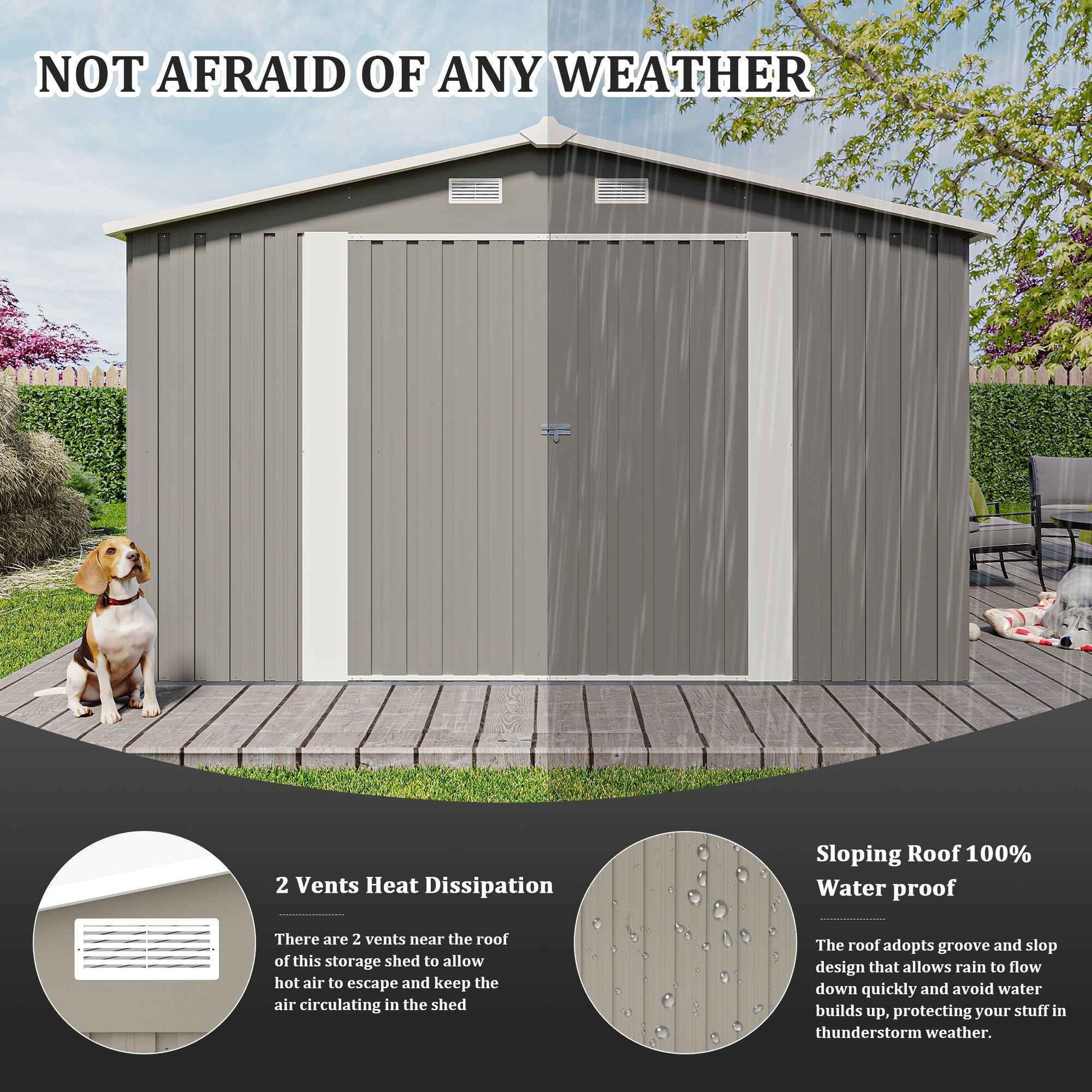 Campcraft  Outdoor Storage Shed 10×14 FT with 3 Lockable Doors,4 Air Vents & Sloped Roof,Utility Tool Shed Metal Storage Garden Sheds  Frame and 4 Vents,for Backyard,Patio,Lawn,Light Grey