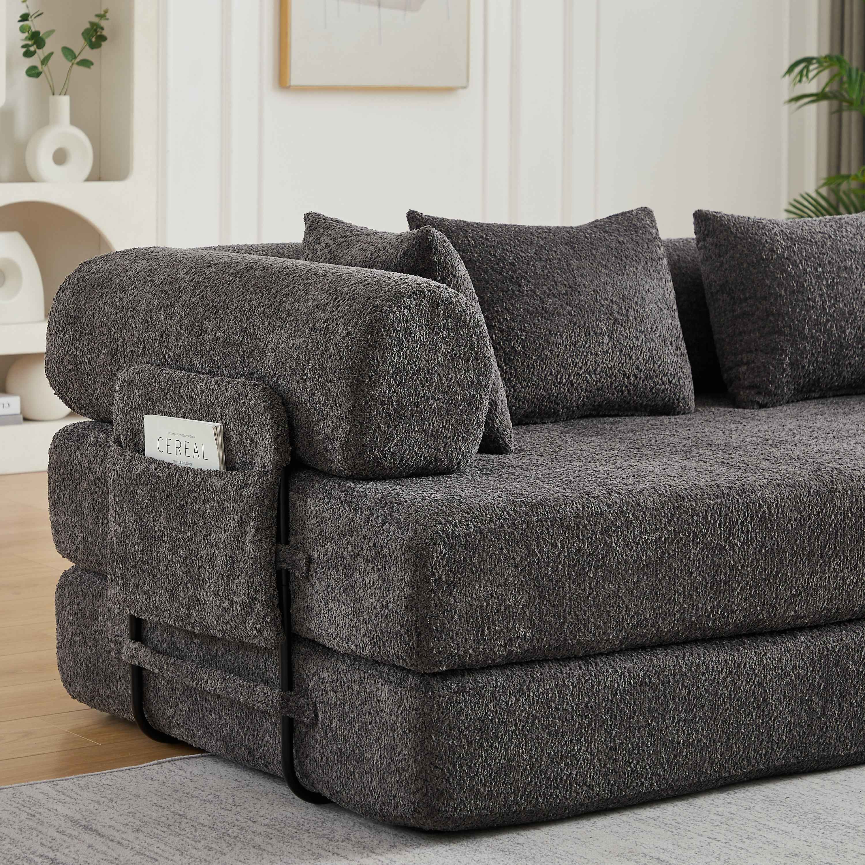78.7-Inch Convertible Sleeper Sofa Bed with Cylindrical Pillow, Chenille Folding Mattress Couch with ,Folding Sofa Bed with Side Pocket, Floor Sofa Lounge Couch for Living Room Bedroom Lounge Studio