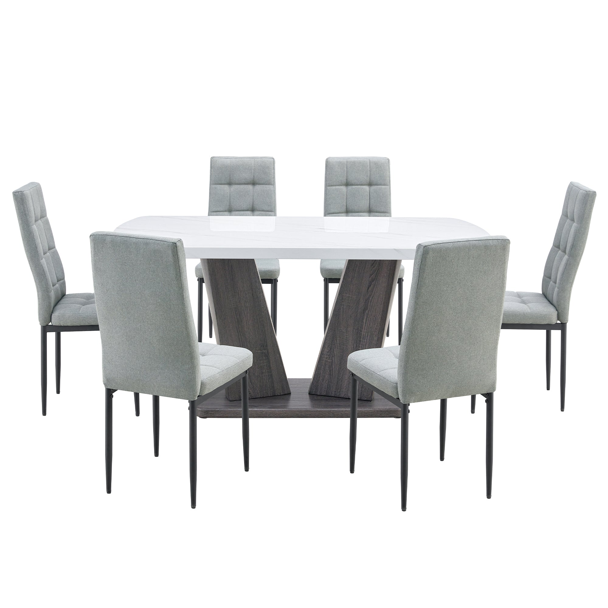 Modern Dining Table Set for 6, 7 Piece Dining Set, 63" Rectangle Kitchen Table with 6 Upholstered Chairs, 1.8" Thickness Tabletop and V-shaped Table Legs, White Faux Marble Dining Set for Kitchen Room