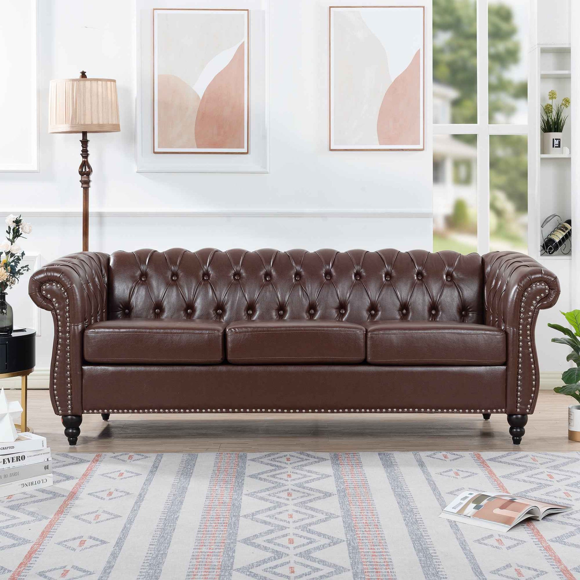 Dark Brown PU Rolled Arm Chesterfield Three Seater Sofa with Solid Wood Frame and Birch Legs