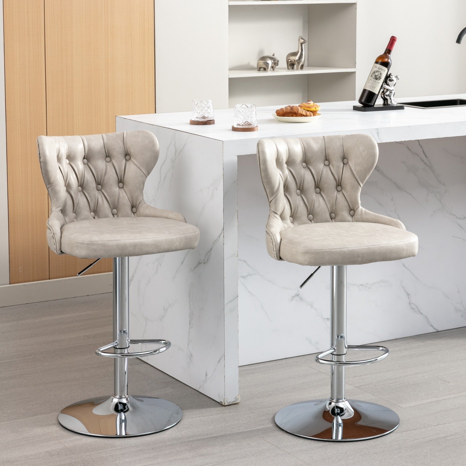 Swivel PU Barstools Adjusatble Seat Height from 25-33 Inch, Modern Upholstered Chrome base Bar Stools with Backs Comfortable Tufted for Home Pub and Kitchen Island,Olive-Green, SW1844BG